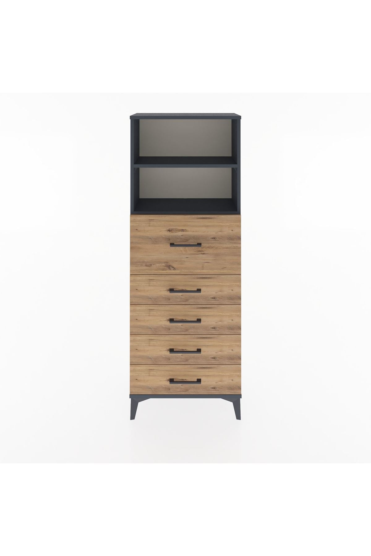 Arges Dolap 2 Raflı 5 Çekmeceli 60x30x163 Antrasit-Çam