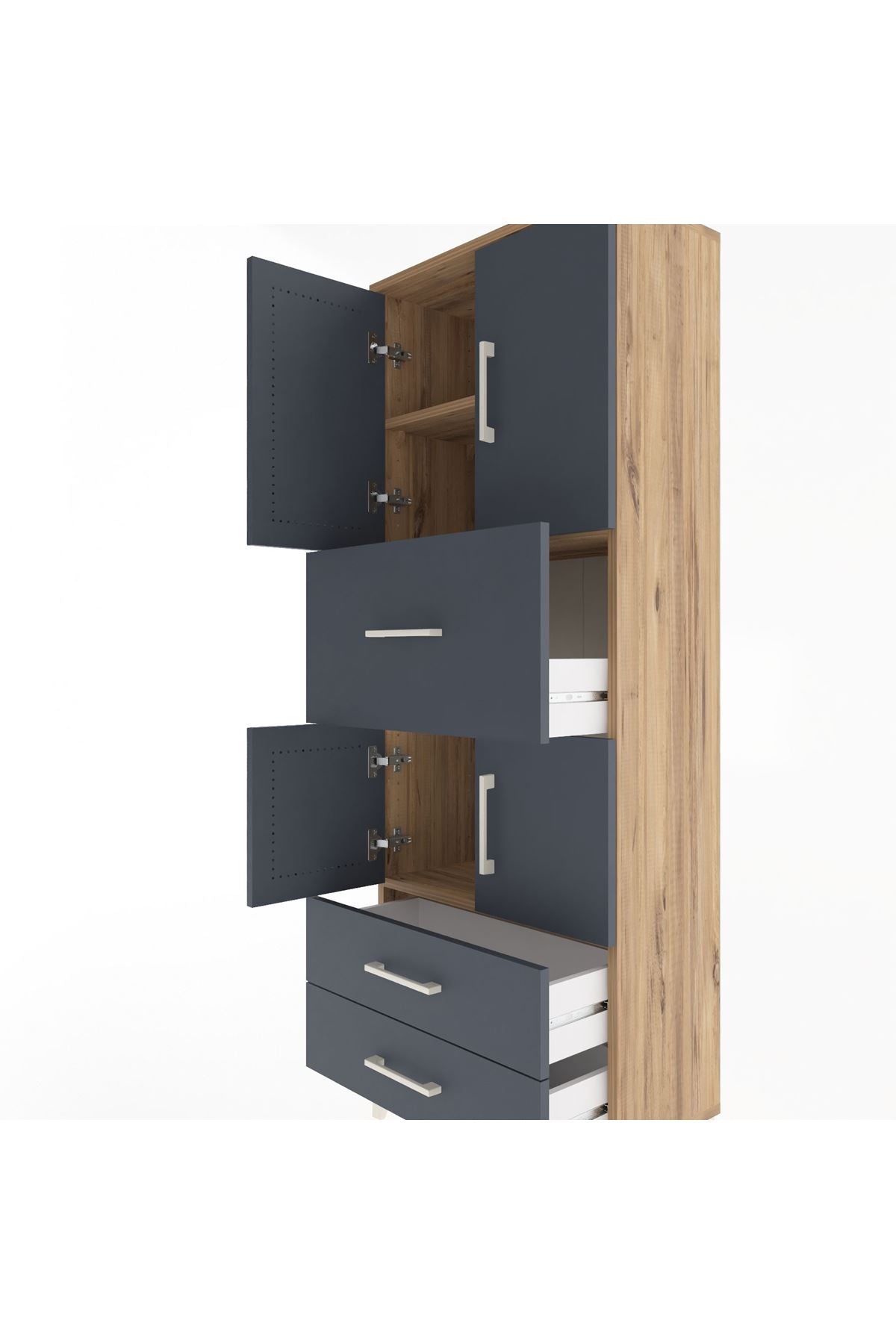 Arges Dolap 3 Raflı 3 Çekmeceli 4 Kapaklı 60x30x163 Çam-Antrasit