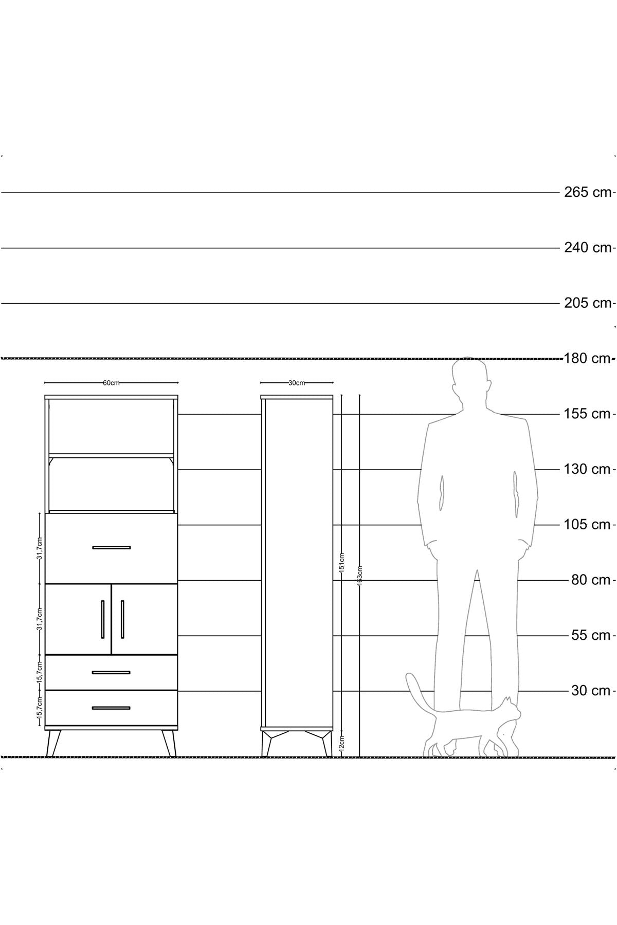 Arges Dolap 3 Raflı 3 Çekmeceli 2 Kapaklı 60x30x163 Antrasit-Çam