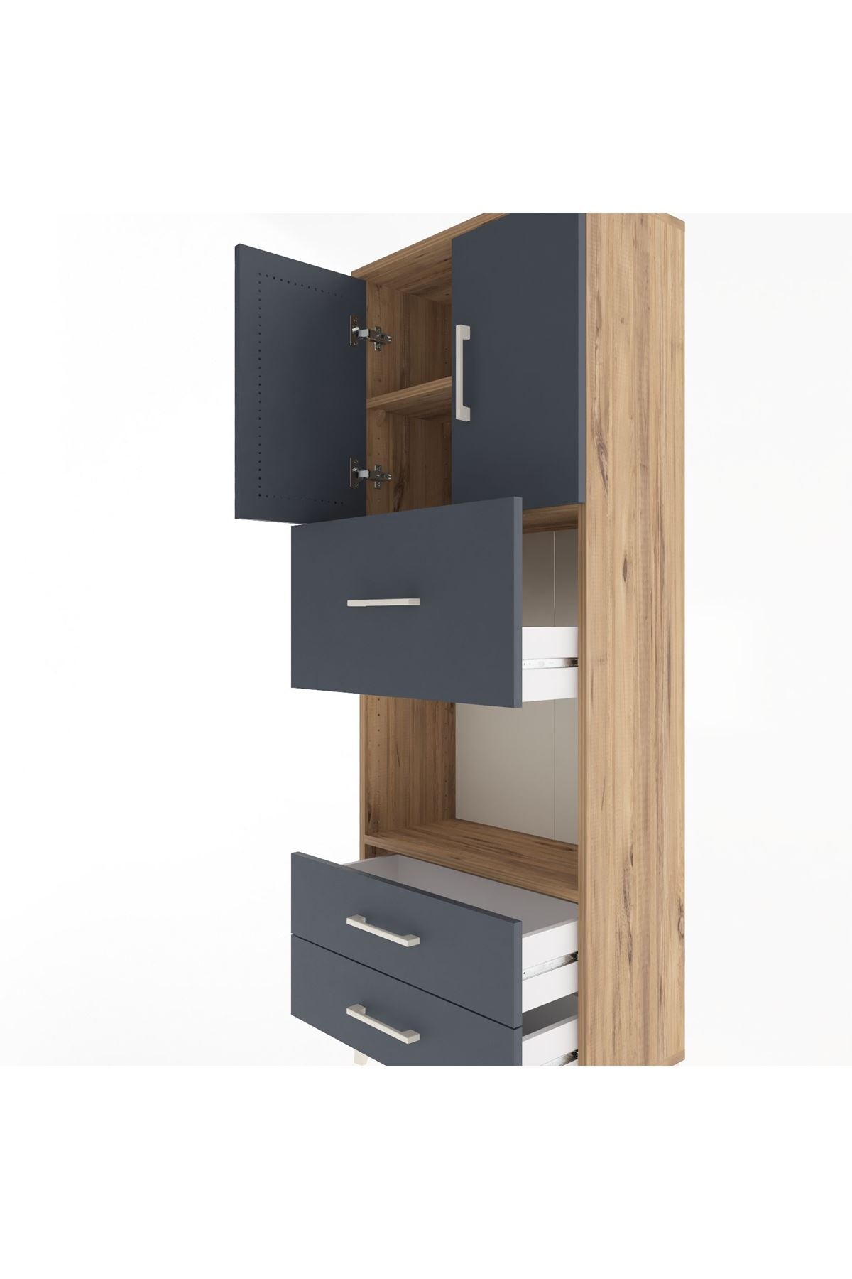 Arges Dolap 3 Raflı 3 Çekmeceli 2 Kapaklı 60x30x163 Çam-Antrasit