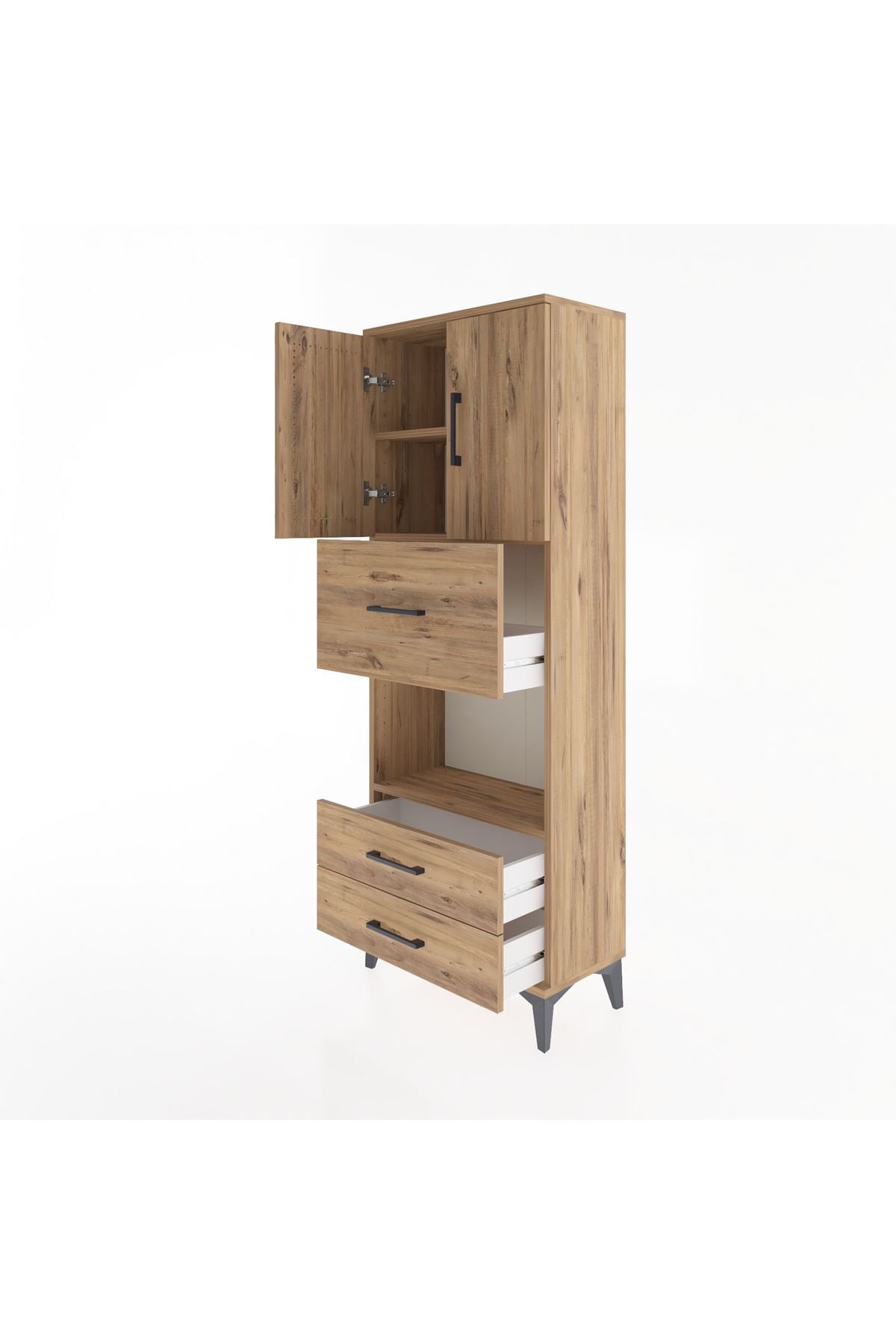 Arges Dolap 3 Raflı 3 Çekmeceli 2 Kapaklı 60x30x163 Çam-Çam