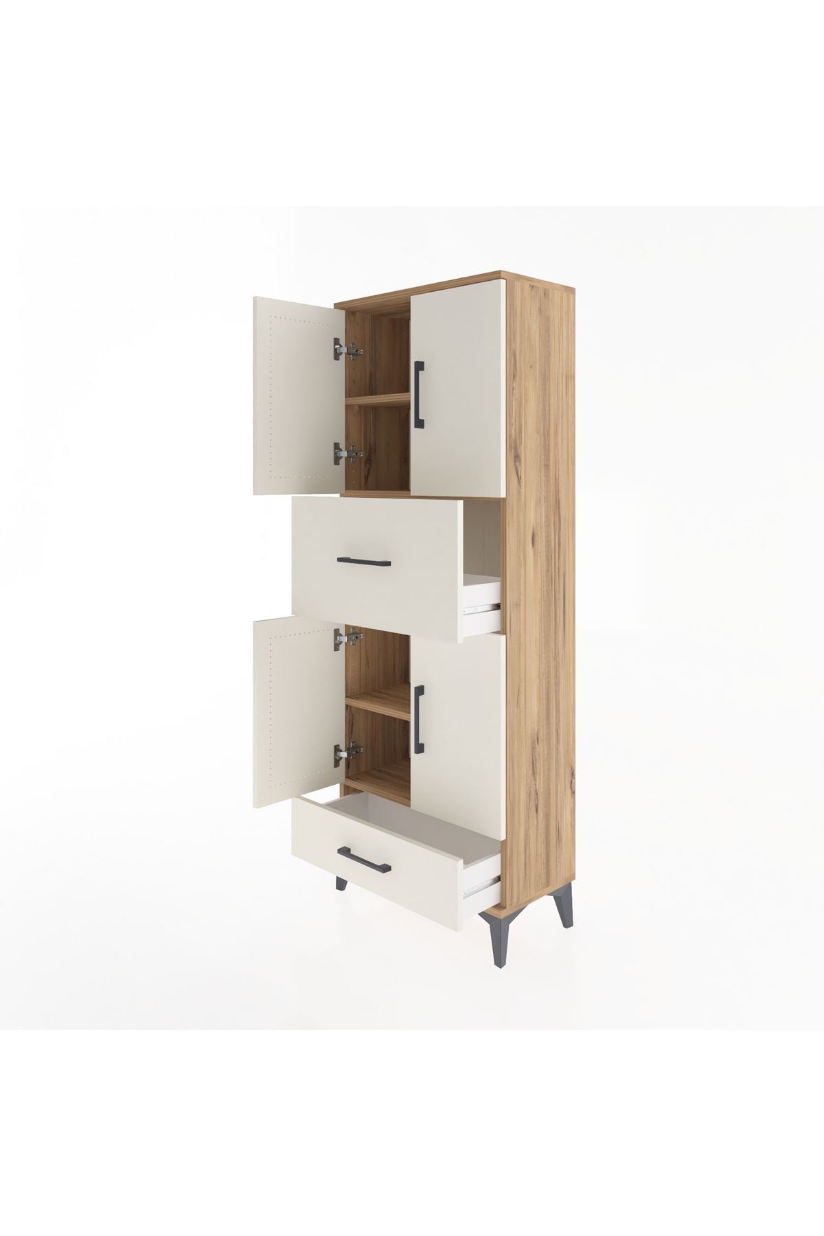 Arges Dolap 4 Raflı 2 Çekmeceli 4 Kapaklı 60x30x163 Çam-Aytaşı