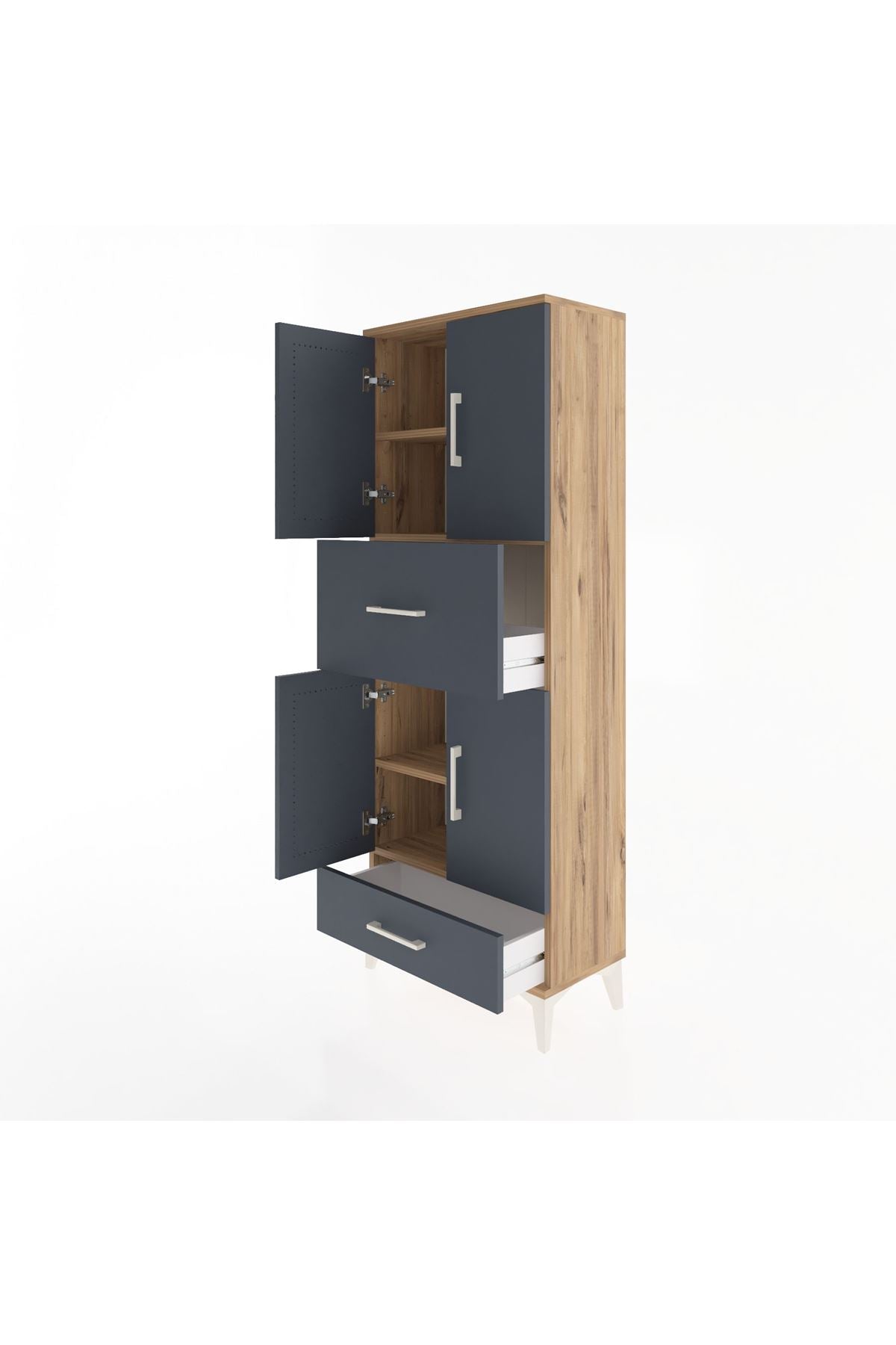 Arges Dolap 4 Raflı 2 Çekmeceli 4 Kapaklı 60x30x163 Çam-Antrasit