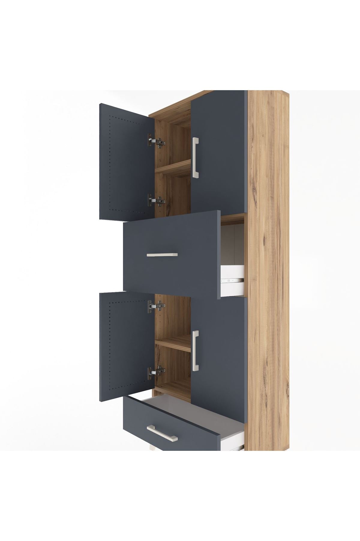 Arges Dolap 4 Raflı 2 Çekmeceli 4 Kapaklı 60x30x163 Çam-Antrasit