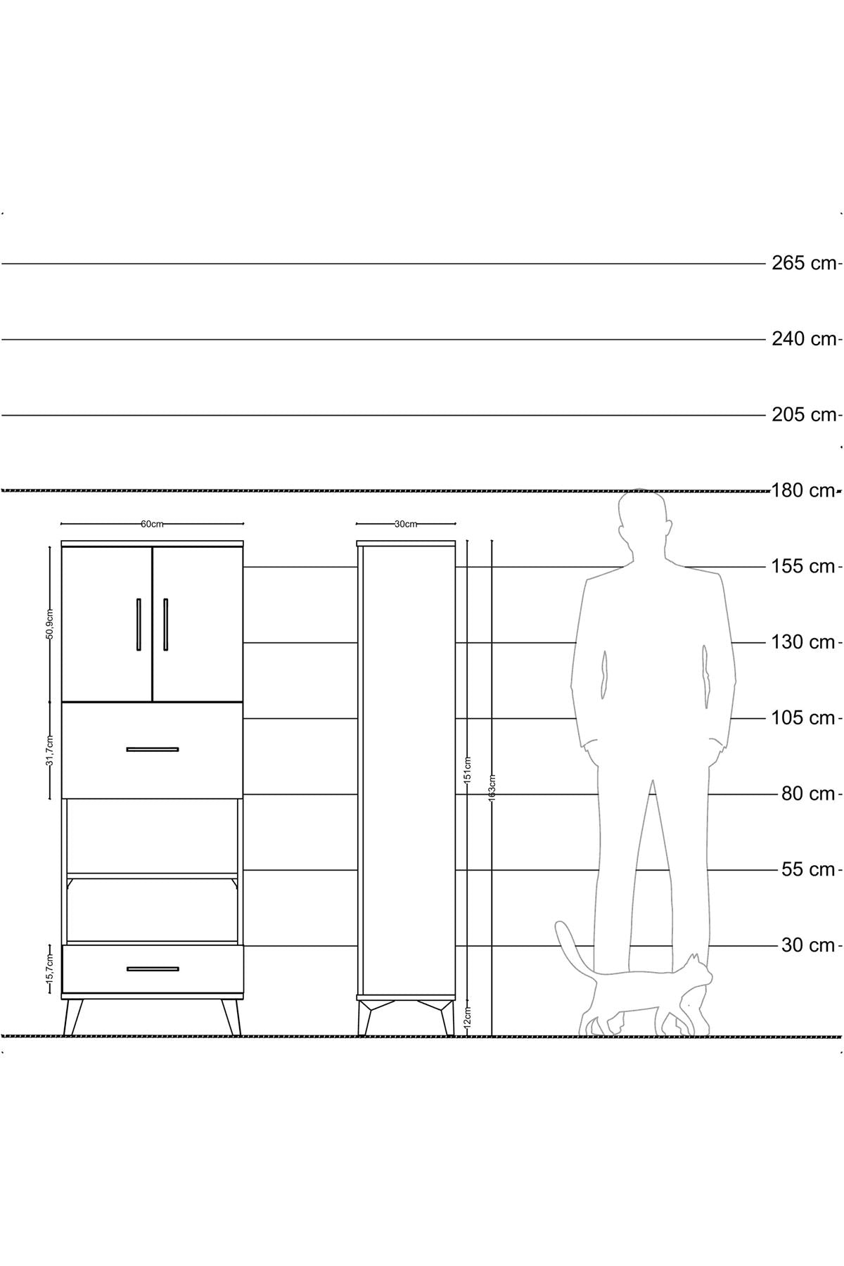 Arges Dolap 4 Raflı 2 Çekmeceli 2 Kapaklı 60x30x163 Antrasit-Çam