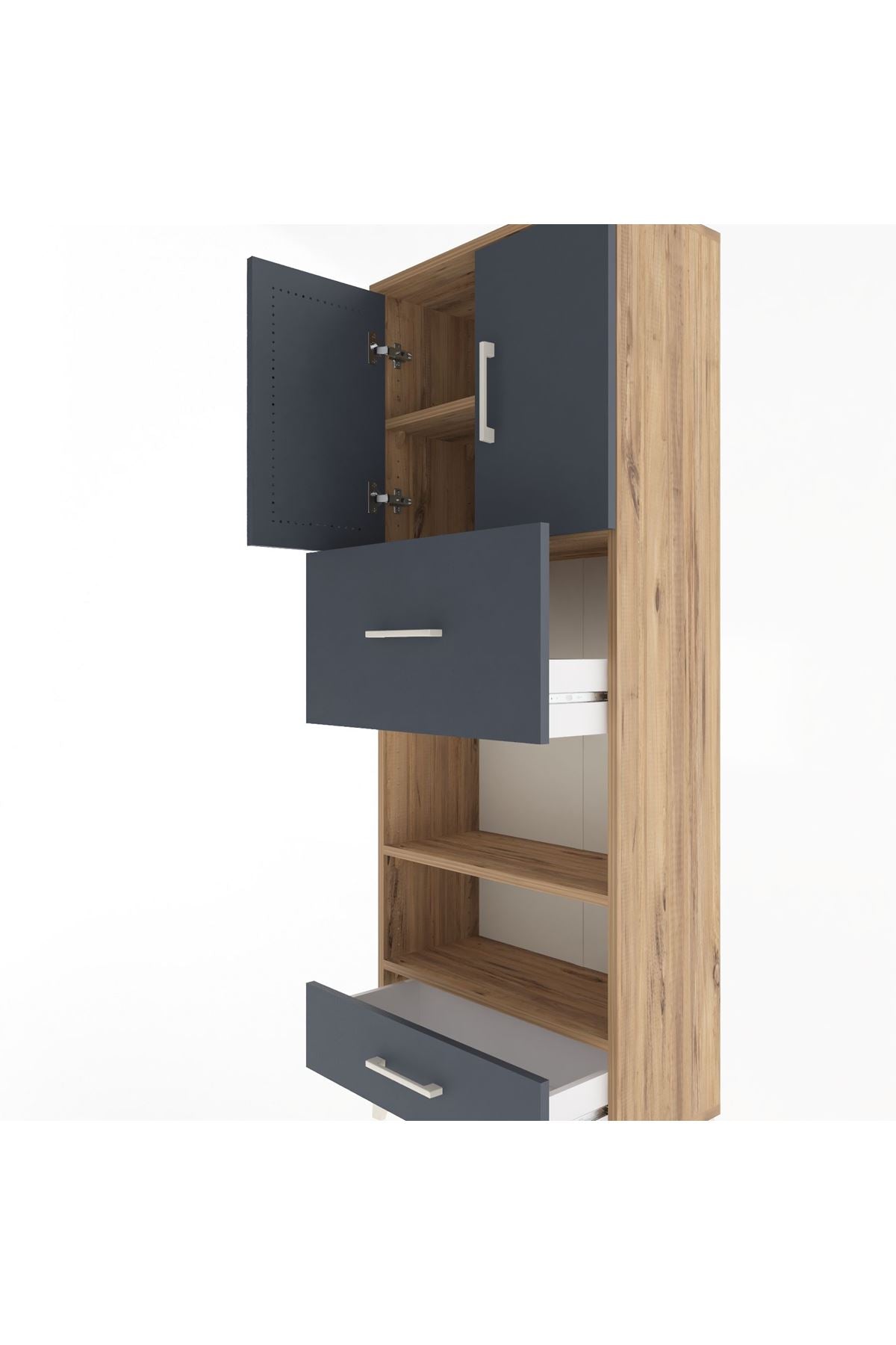 Arges Dolap 4 Raflı 2 Çekmeceli 2 Kapaklı 60x30x163 Çam-Antrasit