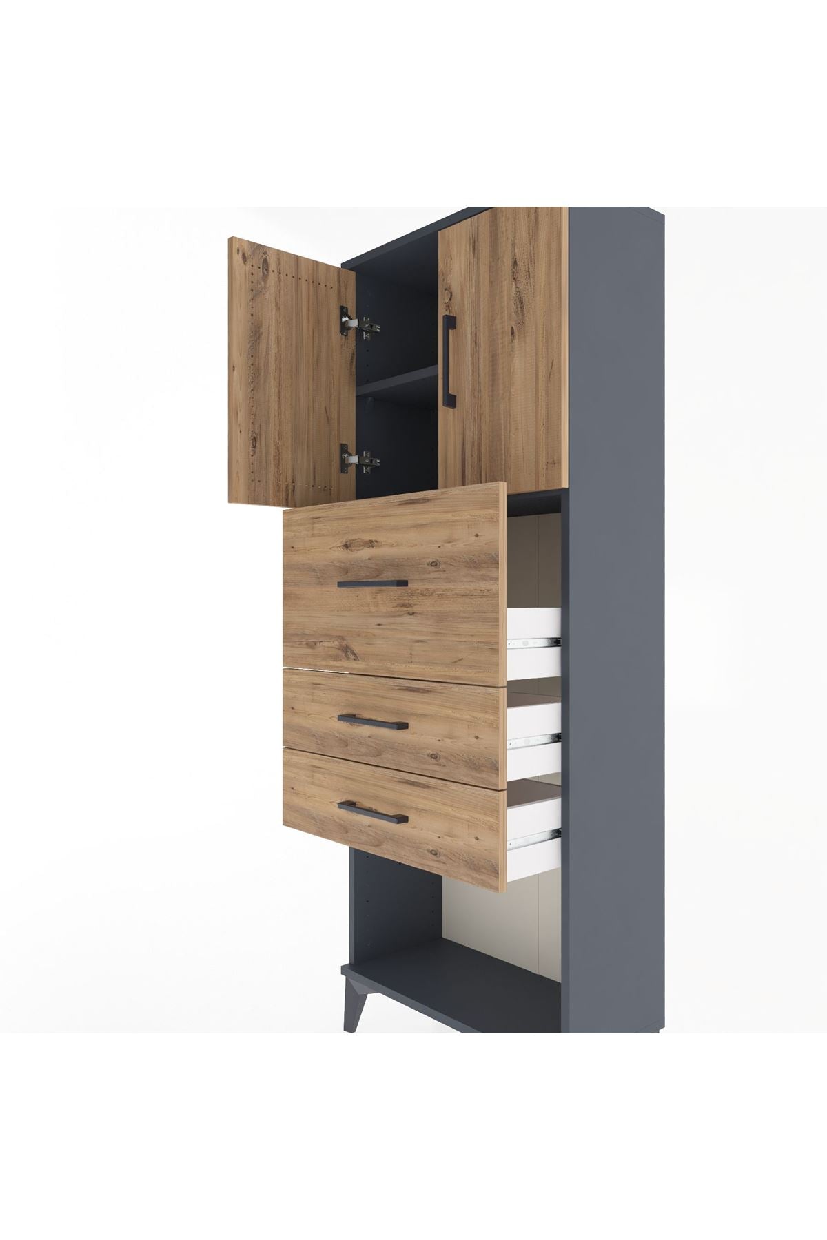 Arges Dolap 2 Raflı 3 Çekmeceli 2 Kapaklı 60x30x163 Antrasit-Çam