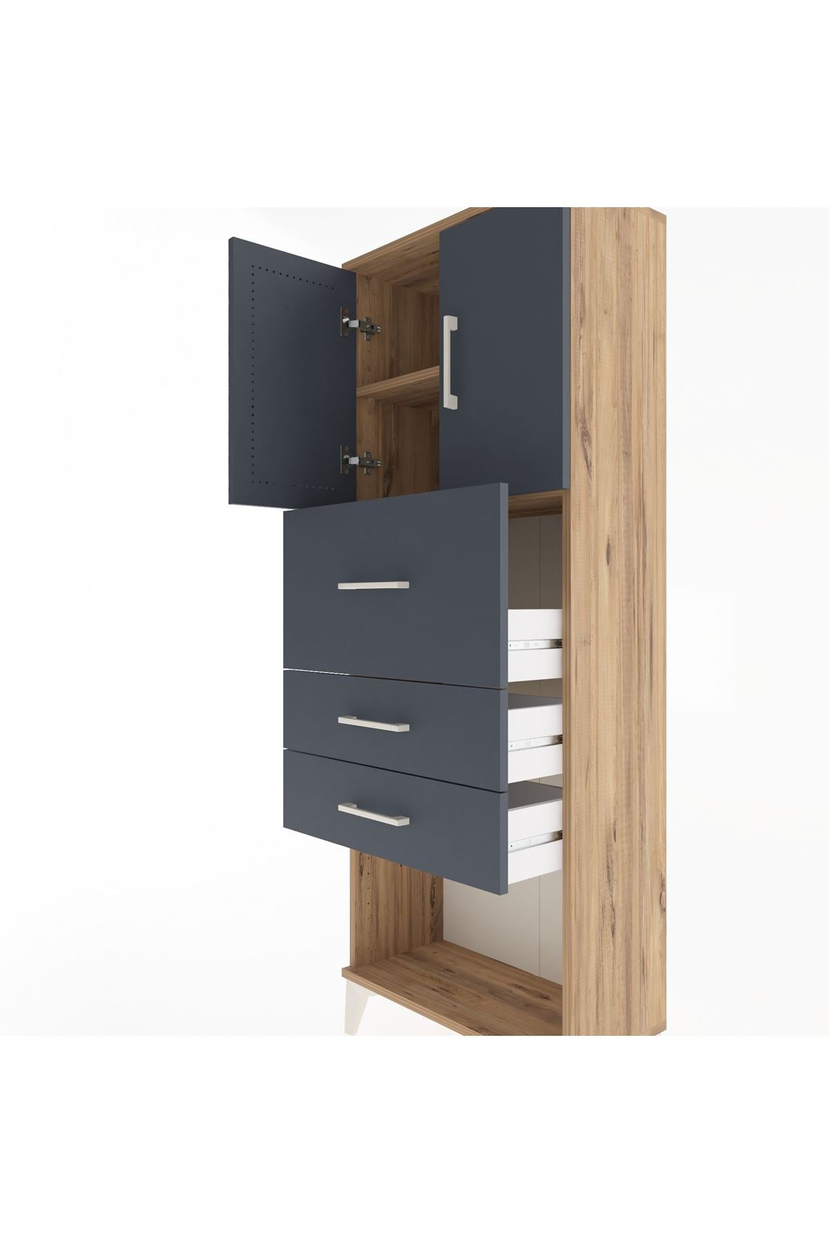 Arges Dolap 2 Raflı 3 Çekmeceli 2 Kapaklı 60x30x163 Çam-Antrasit