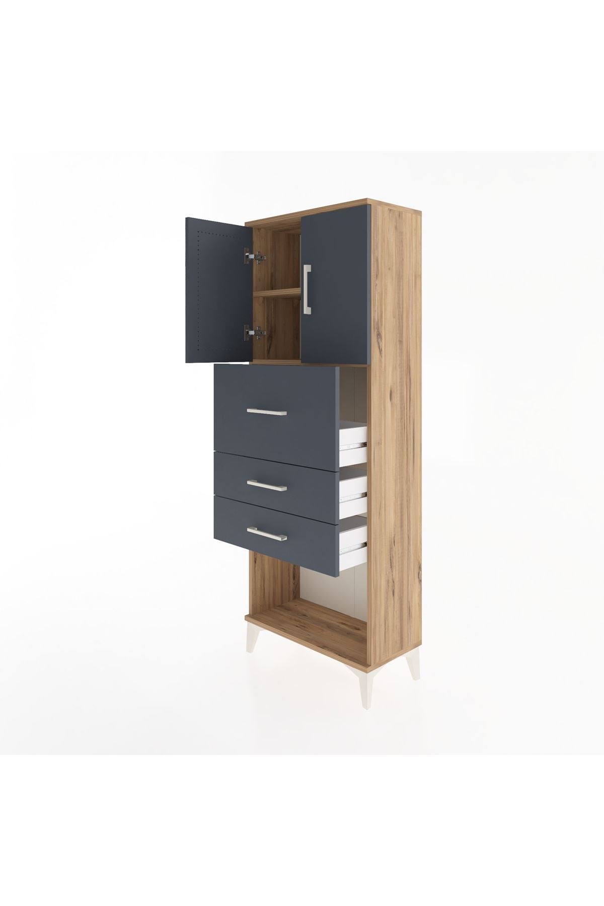 Arges Dolap 2 Raflı 3 Çekmeceli 2 Kapaklı 60x30x163 Çam-Antrasit