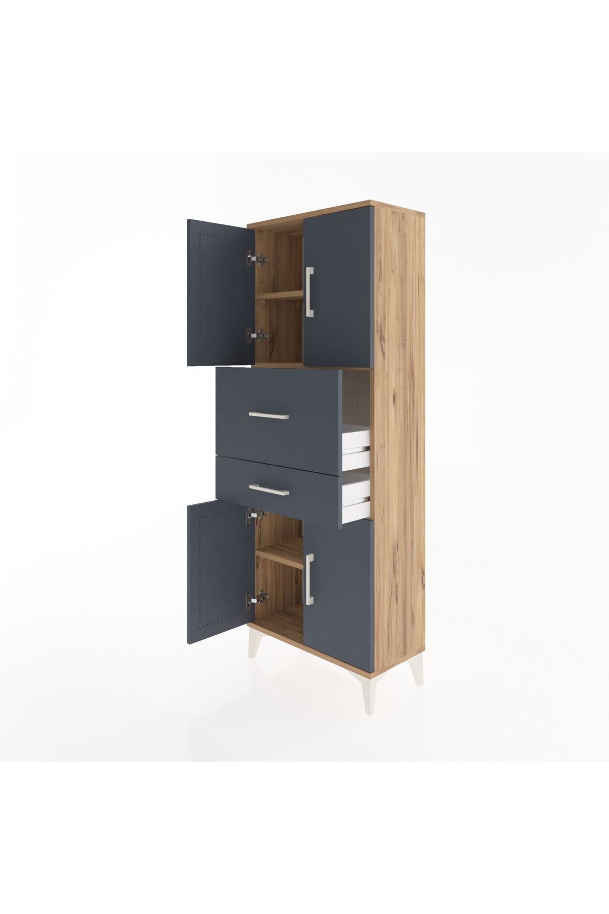 Arges Dolap 3 Raflı 2 Çekmeceli 4 Kapaklı 60x30x163 Çam-Antrasit