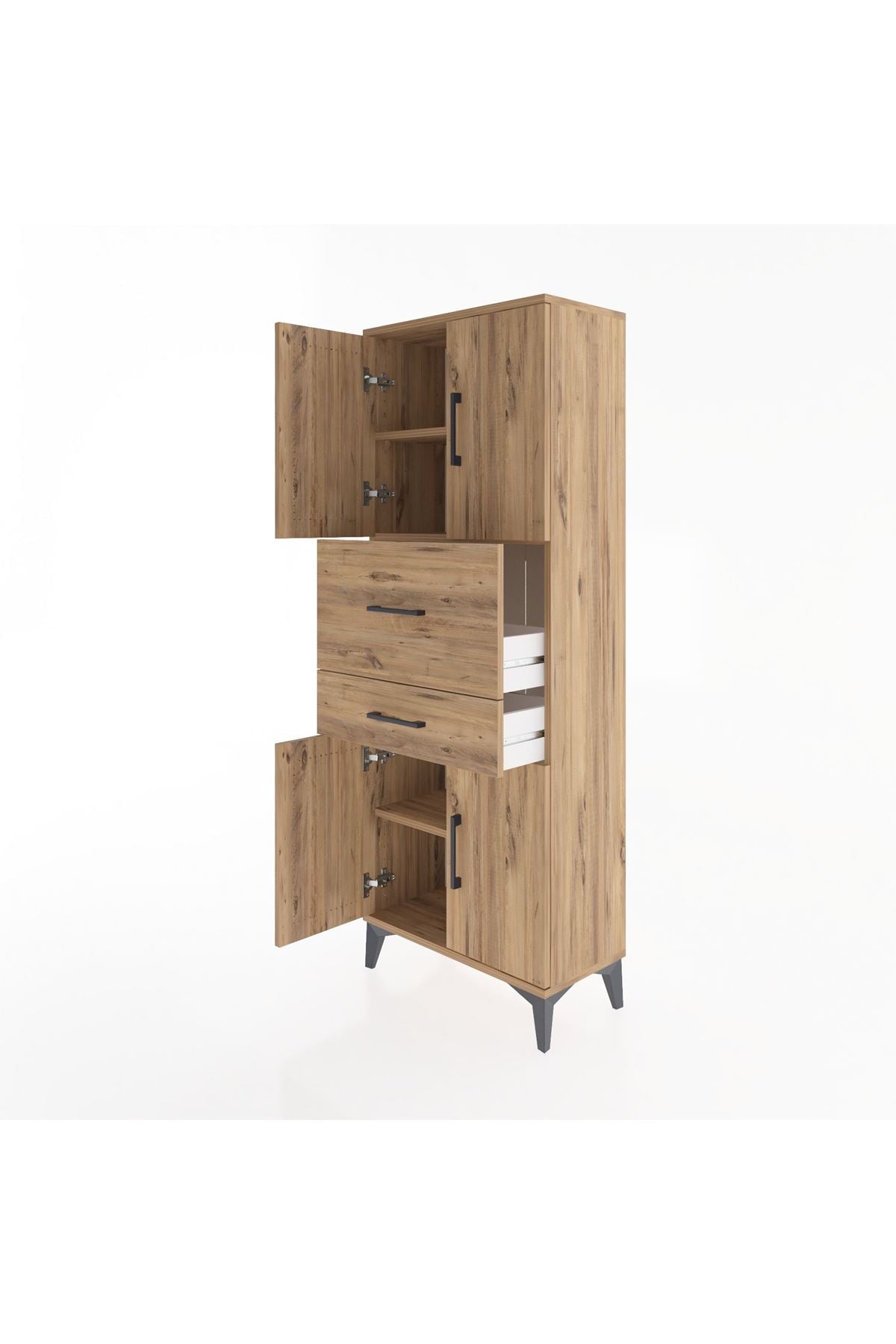 Arges Dolap 3 Raflı 2 Çekmeceli 4 Kapaklı 60x30x163 Çam-Çam