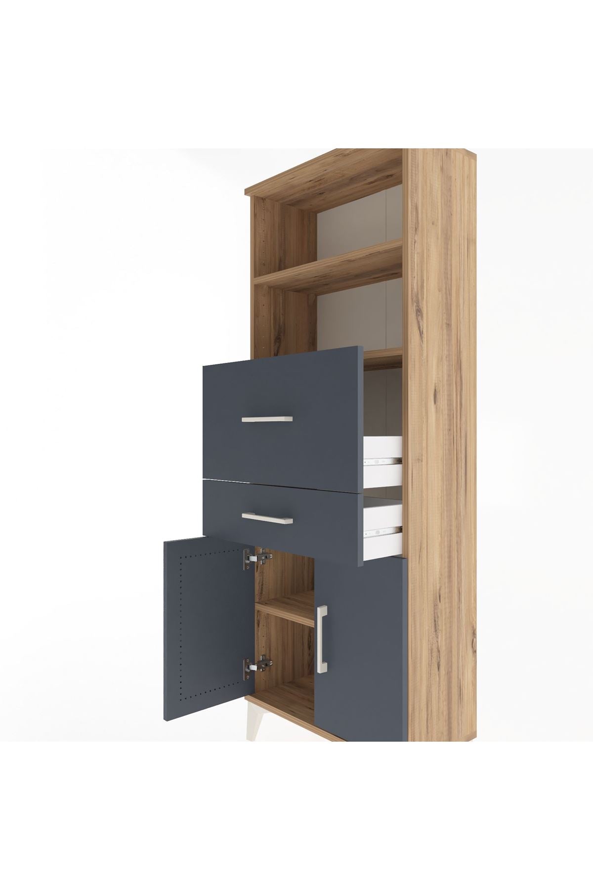 Arges Dolap 3 Raflı 2 Çekmeceli 2 Kapaklı 60x30x163 Çam-Antrasit