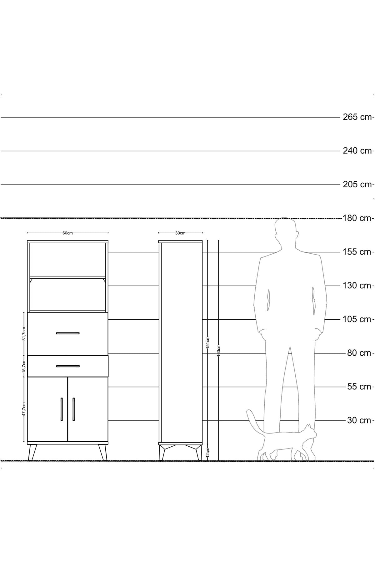 Arges Dolap 3 Raflı 2 Çekmeceli 2 Kapaklı 60x30x163 Çam-Antrasit
