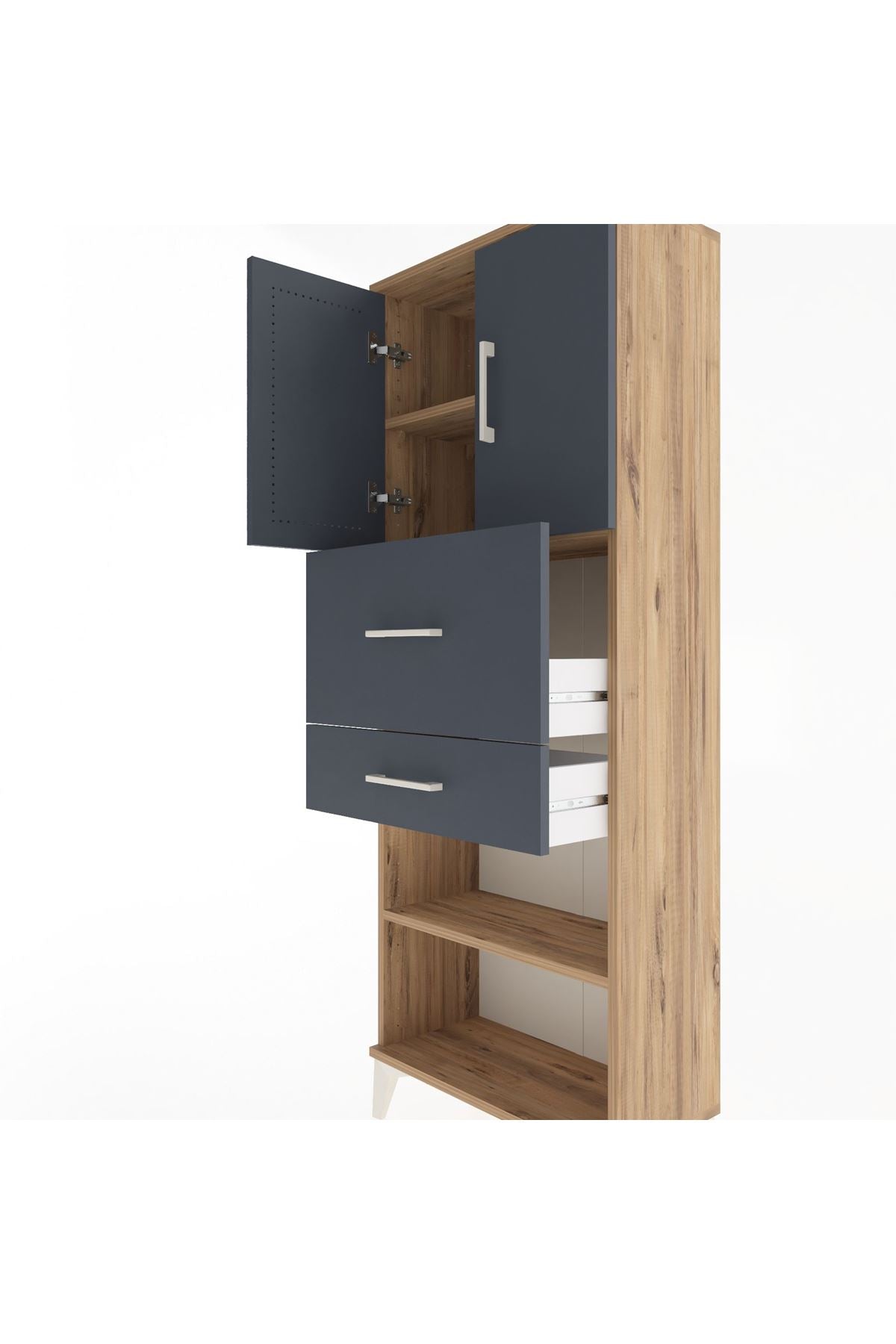 Arges Dolap 3 Raflı 2 Çekmeceli 2 Kapaklı 60x30x163 Çam-Antrasit