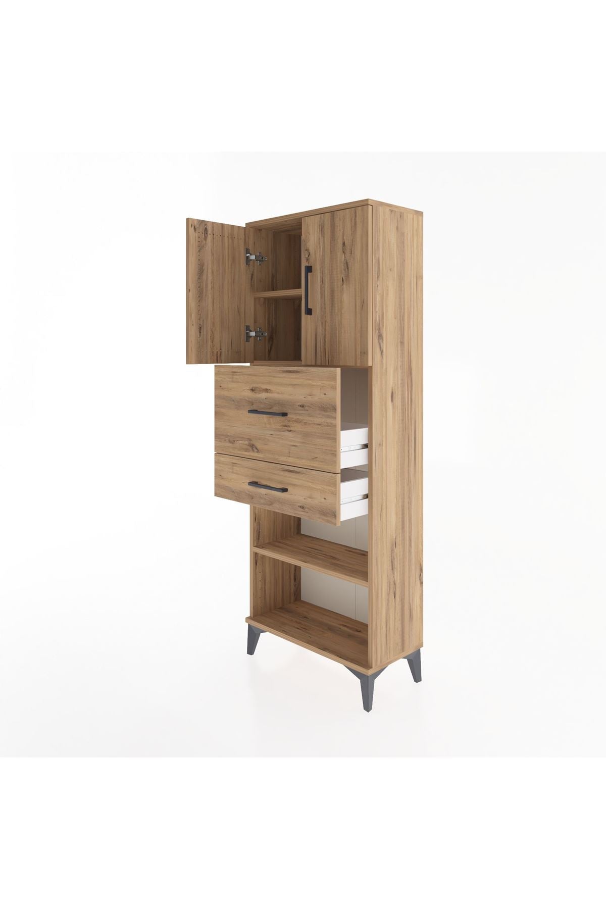 Arges Dolap 3 Raflı 2 Çekmeceli 2 Kapaklı 60x30x163 Çam-Çam