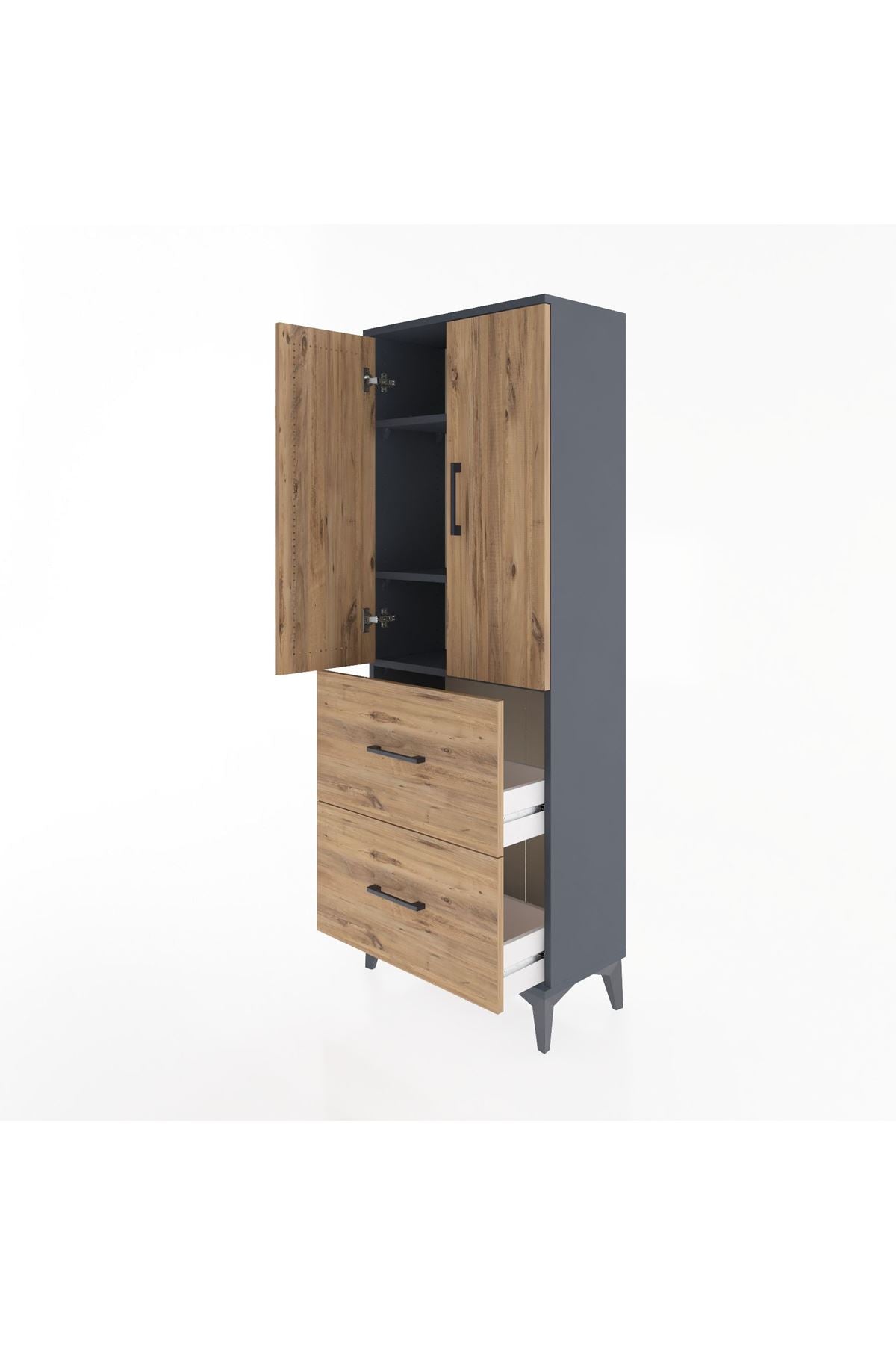 Arges Dolap 3 Raflı 2 Çekmeceli 2 Kapaklı 60x30x163 Antrasit-Çam