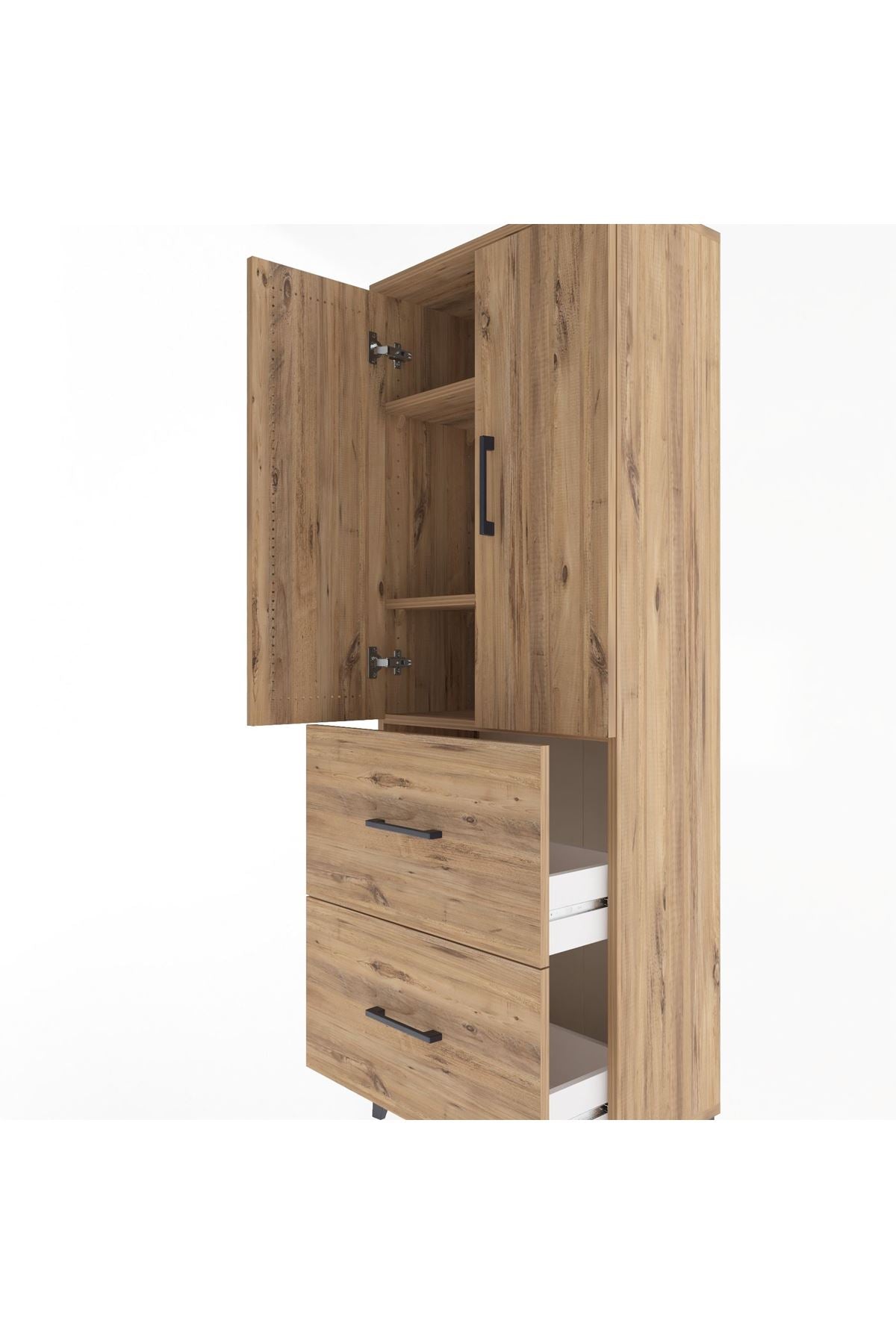 Arges Dolap 3 Raflı 2 Çekmeceli 2 Kapaklı 60x30x163 Çam-Çam