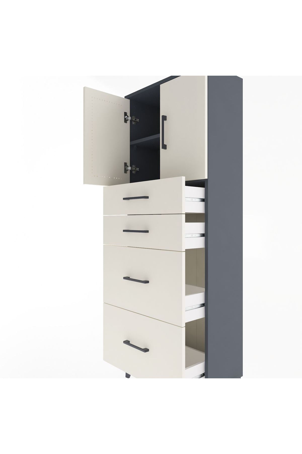 Arges Dolap 2 Raflı 4 Çekmeceli 2 Kapaklı 60x30x163 Antrasit-Aytaşı