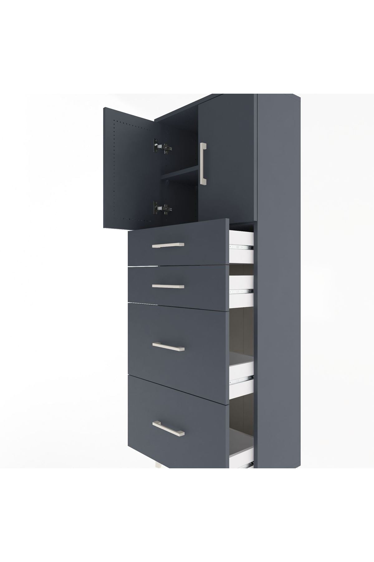 Arges Dolap 2 Raflı 4 Çekmeceli 2 Kapaklı 60x30x163 Antrasit-Antrasit