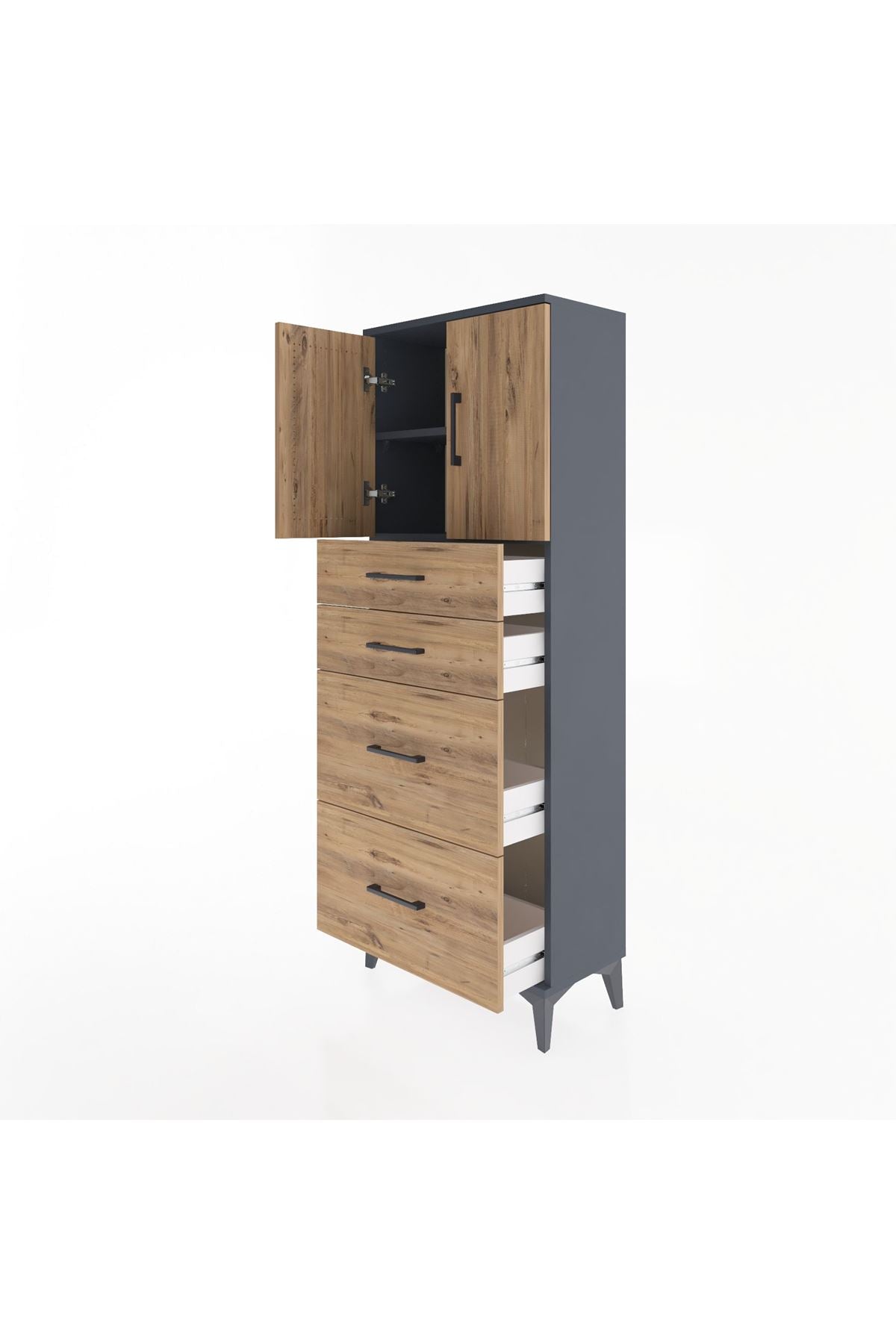 Arges Dolap 2 Raflı 4 Çekmeceli 2 Kapaklı 60x30x163 Antrasit-Çam