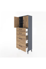 Arges Dolap 2 Raflı 4 Çekmeceli 2 Kapaklı 60x30x163 Antrasit-Çam
