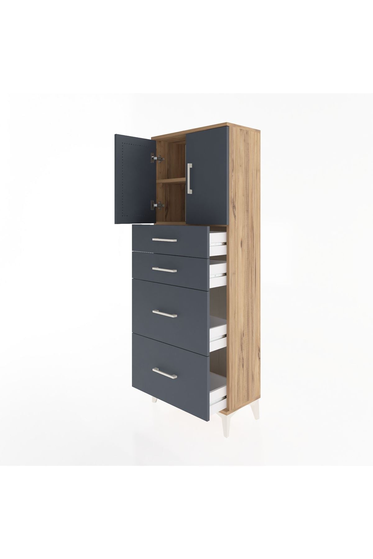 Arges Dolap 2 Raflı 4 Çekmeceli 2 Kapaklı 60x30x163 Çam-Antrasit