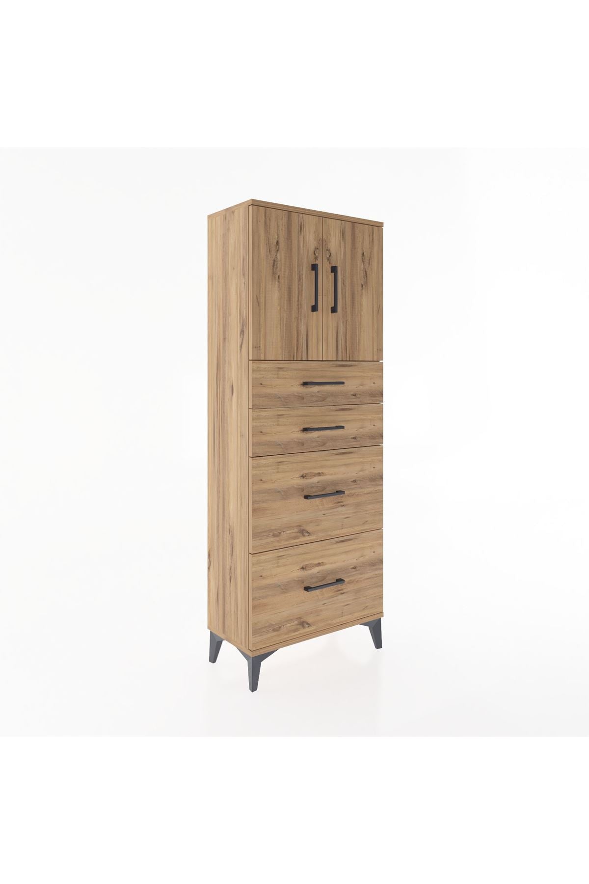 Arges Dolap 2 Raflı 4 Çekmeceli 2 Kapaklı 60x30x163 Çam-Çam