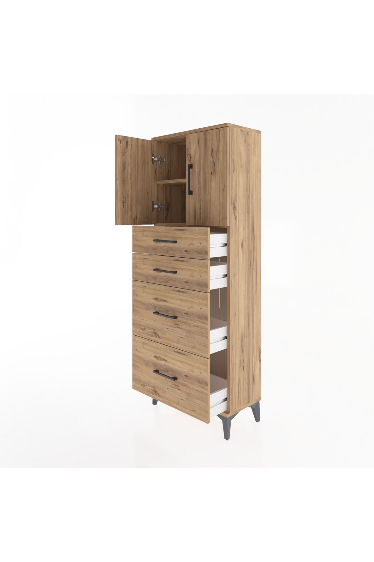 Arges Dolap 2 Raflı 4 Çekmeceli 2 Kapaklı 60x30x163 Çam-Çam