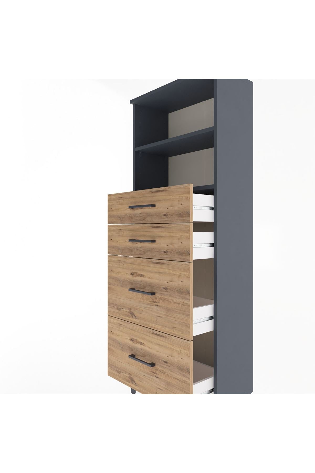 Arges Dolap 2 Raflı 4 Çekmeceli 60x30x163 Antrasit-Çam