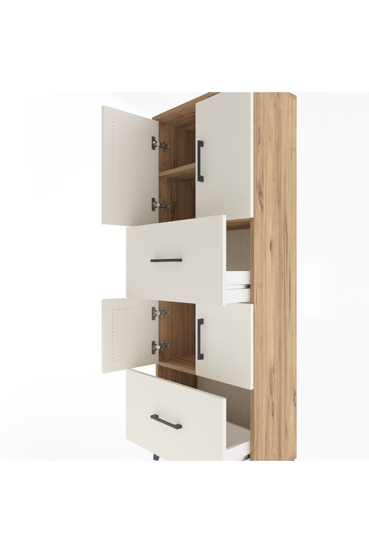 Arges Dolap 3 Raflı 2 Çekmeceli 4 Kapaklı 60x30x163 Çam-Aytaşı