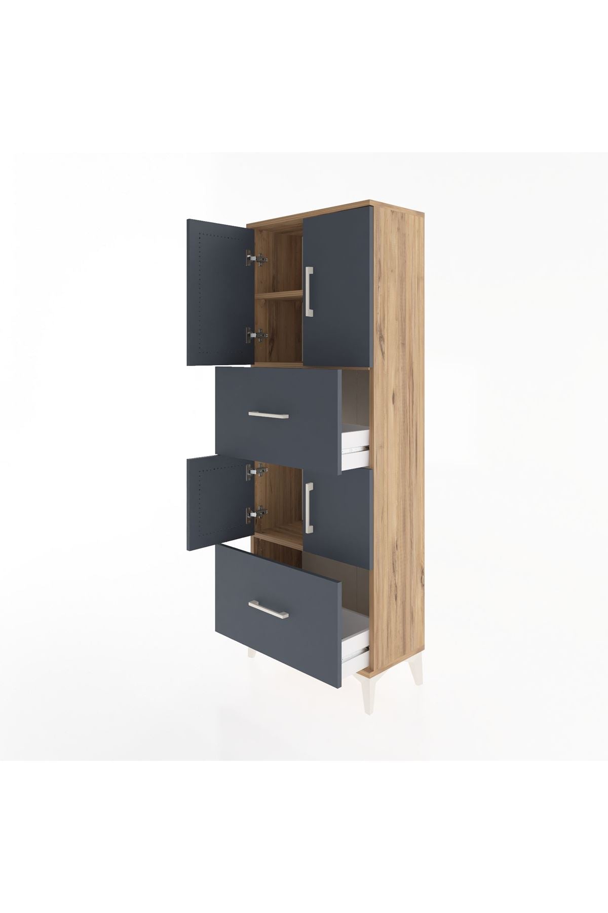 Arges Dolap 3 Raflı 2 Çekmeceli 4 Kapaklı 60x30x163 Çam-Antrasit