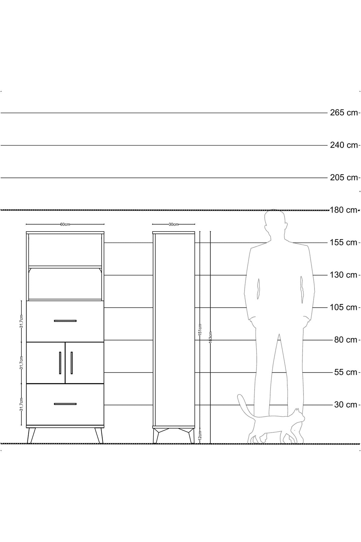 Arges Dolap 3 Raflı 2 Çekmeceli 2 Kapaklı 60x30x163 Antrasit-Çam