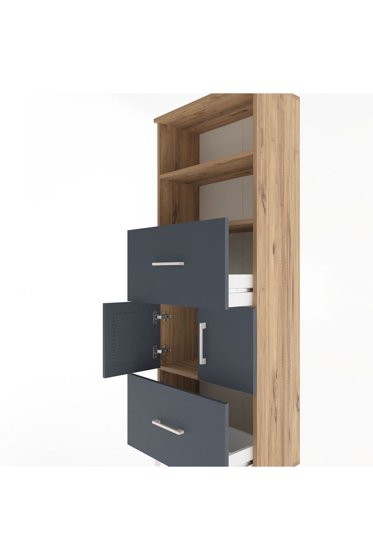 Arges Dolap 3 Raflı 2 Çekmeceli 2 Kapaklı 60x30x163 Çam-Antrasit