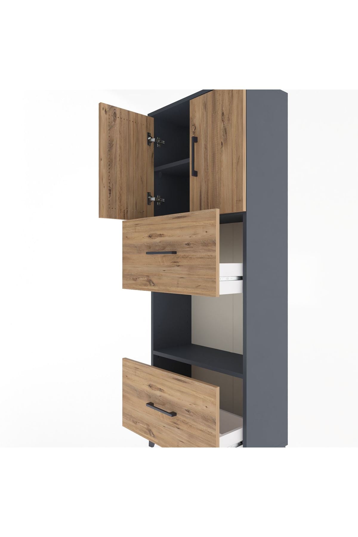 Arges Dolap 3 Raflı 2 Çekmeceli 2 Kapaklı 60x30x163 Antrasit-Çam