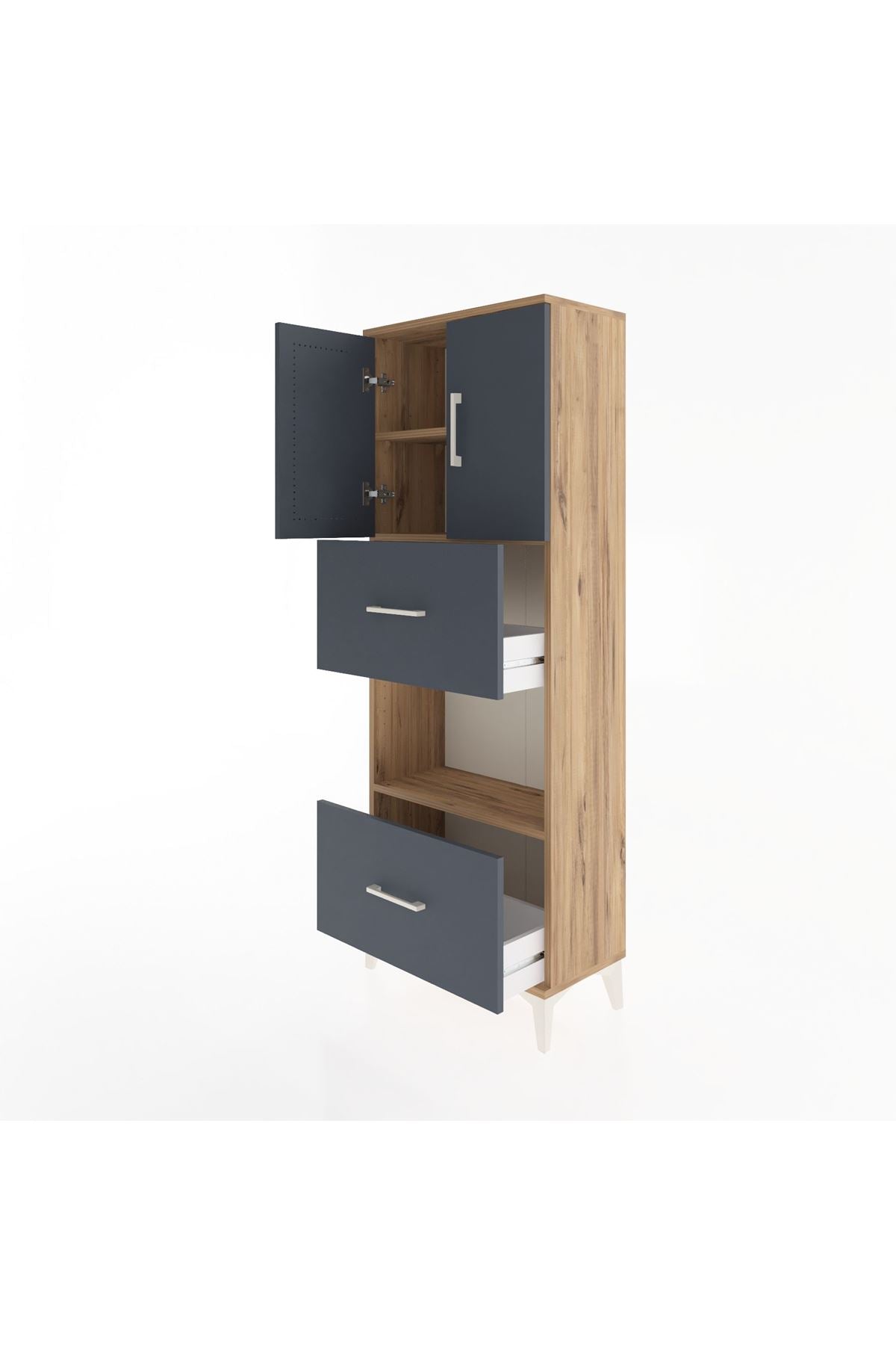 Arges Dolap 3 Raflı 2 Çekmeceli 2 Kapaklı 60x30x163 Çam-Antrasit