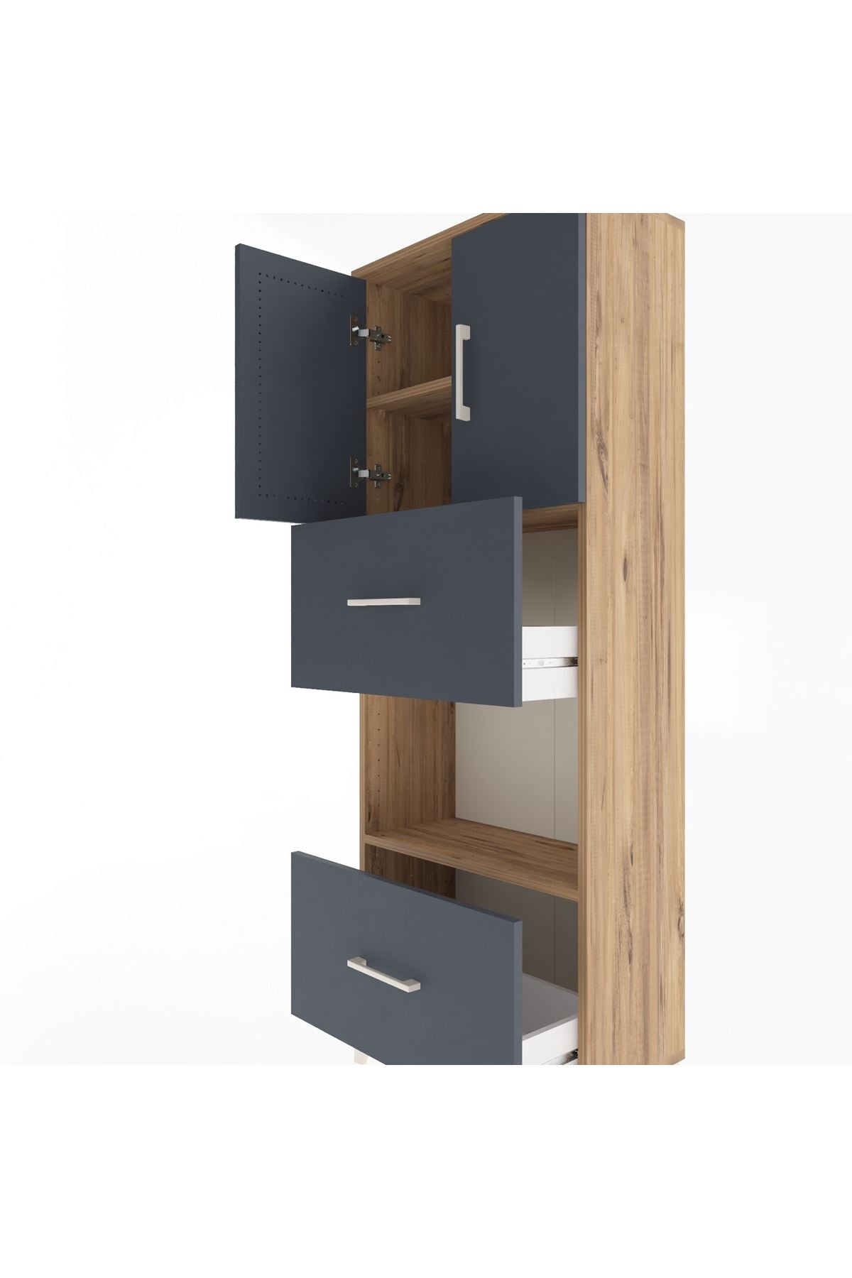 Arges Dolap 3 Raflı 2 Çekmeceli 2 Kapaklı 60x30x163 Çam-Antrasit