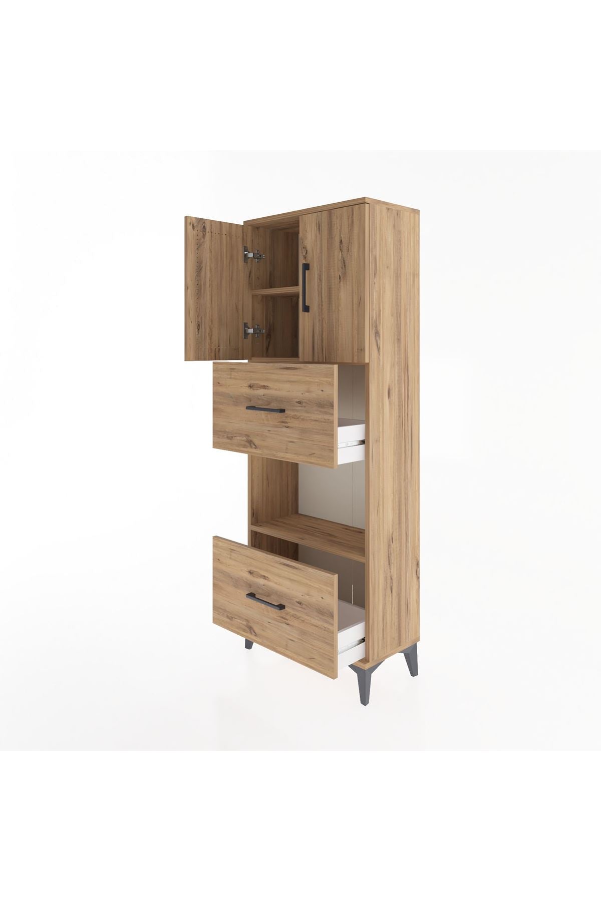 Arges Dolap 3 Raflı 2 Çekmeceli 2 Kapaklı 60x30x163 Çam-Çam