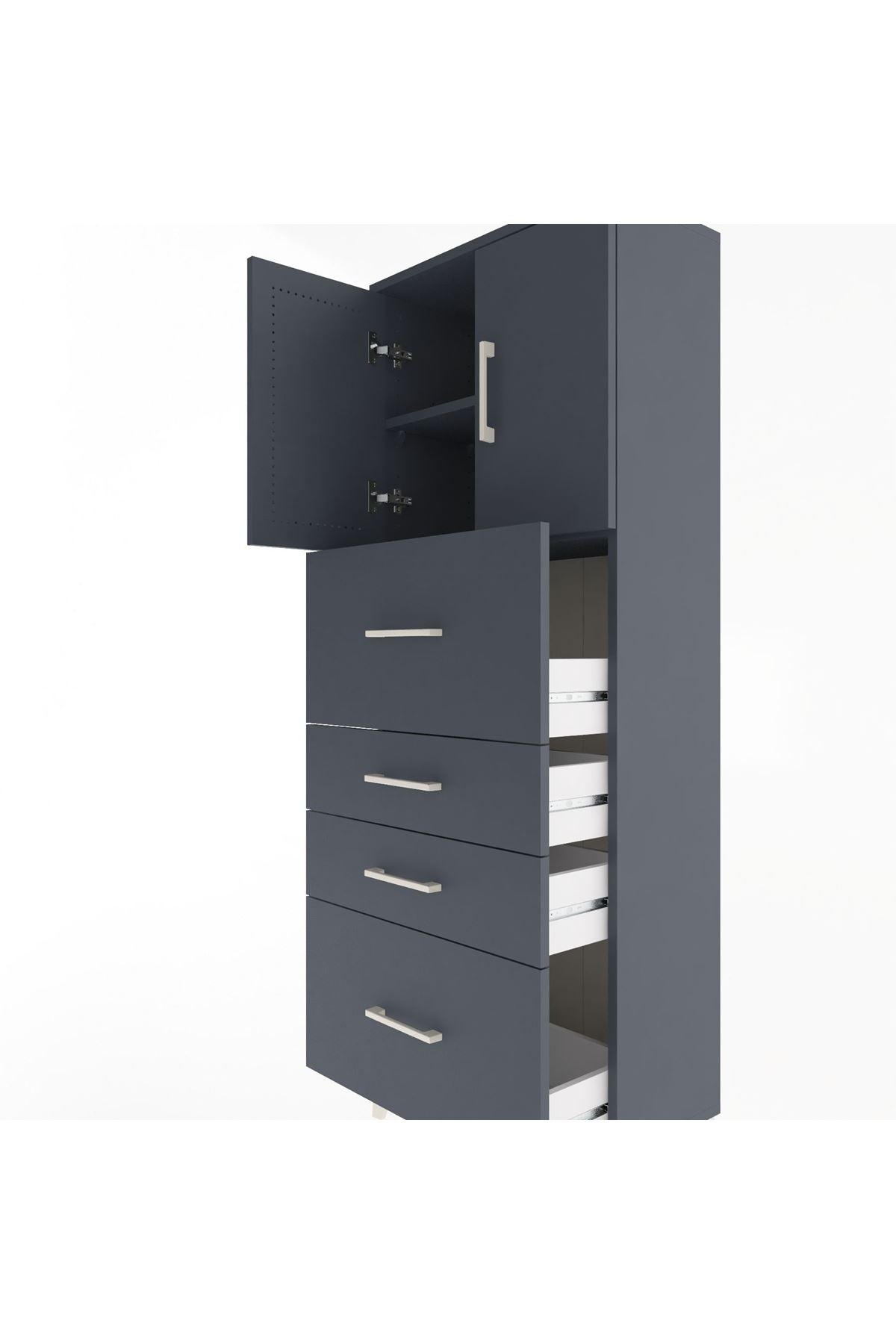 Arges Dolap 2 Raflı 4 Çekmeceli 2 Kapaklı 60x30x163 Antrasit-Antrasit