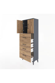 Arges Dolap 2 Raflı 4 Çekmeceli 2 Kapaklı 60x30x163 Antrasit-Çam