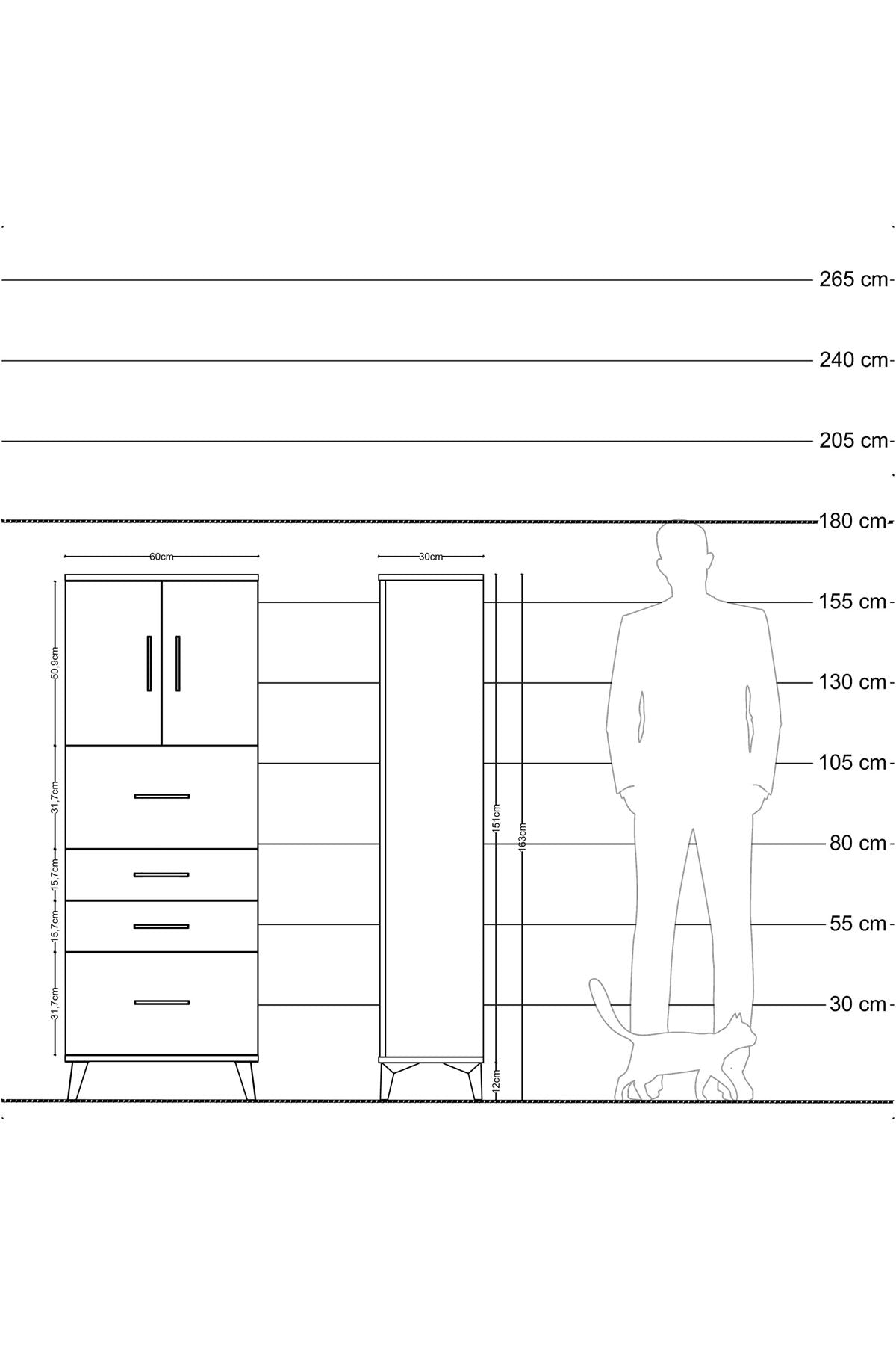 Arges Dolap 2 Raflı 4 Çekmeceli 2 Kapaklı 60x30x163 Antrasit-Çam
