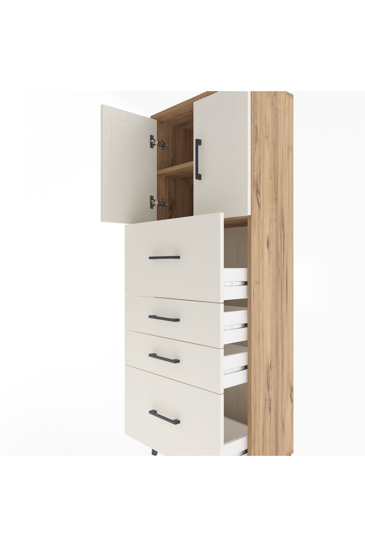 Arges Dolap 2 Raflı 4 Çekmeceli 2 Kapaklı 60x30x163 Çam-Aytaşı