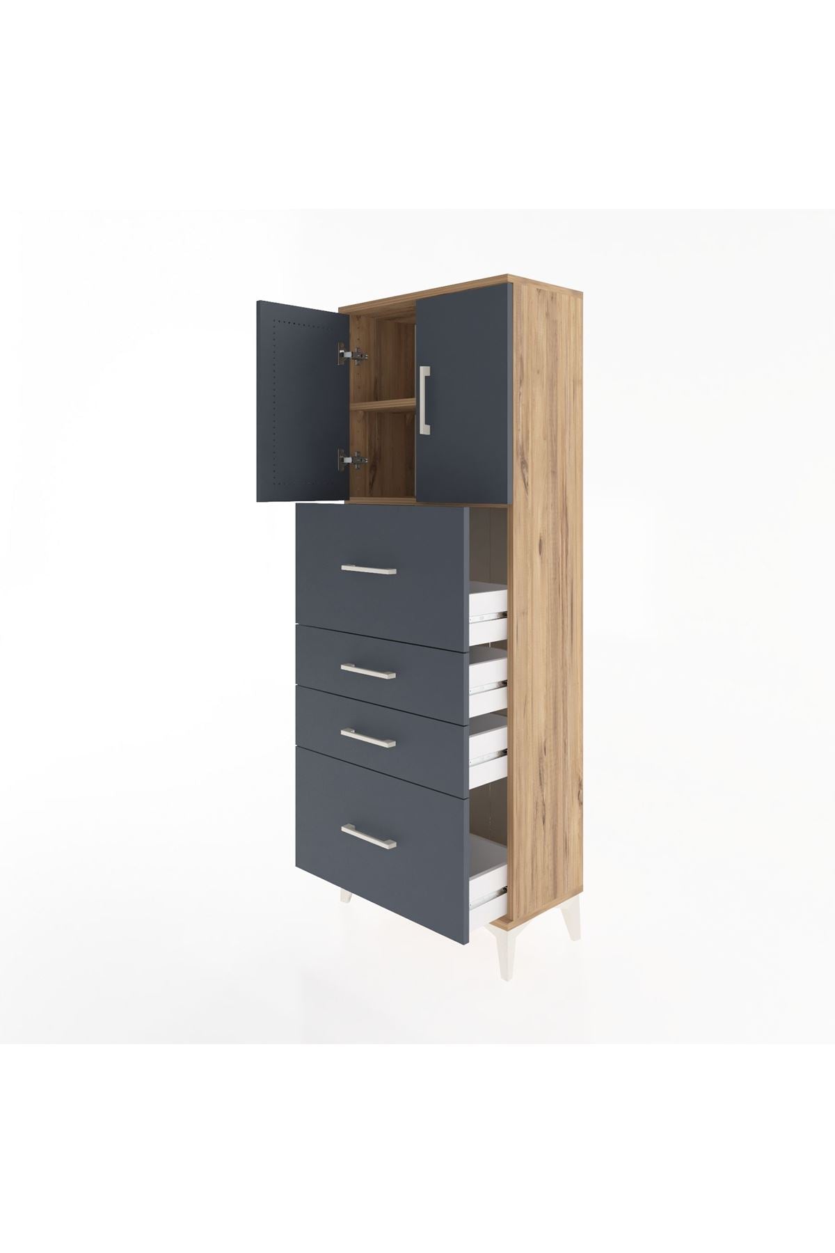 Arges Dolap 2 Raflı 4 Çekmeceli 2 Kapaklı 60x30x163 Çam-Antrasit