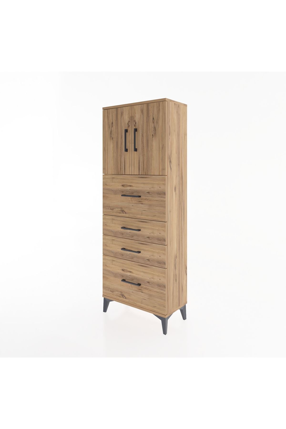 Arges Dolap 2 Raflı 4 Çekmeceli 2 Kapaklı 60x30x163 Çam-Çam