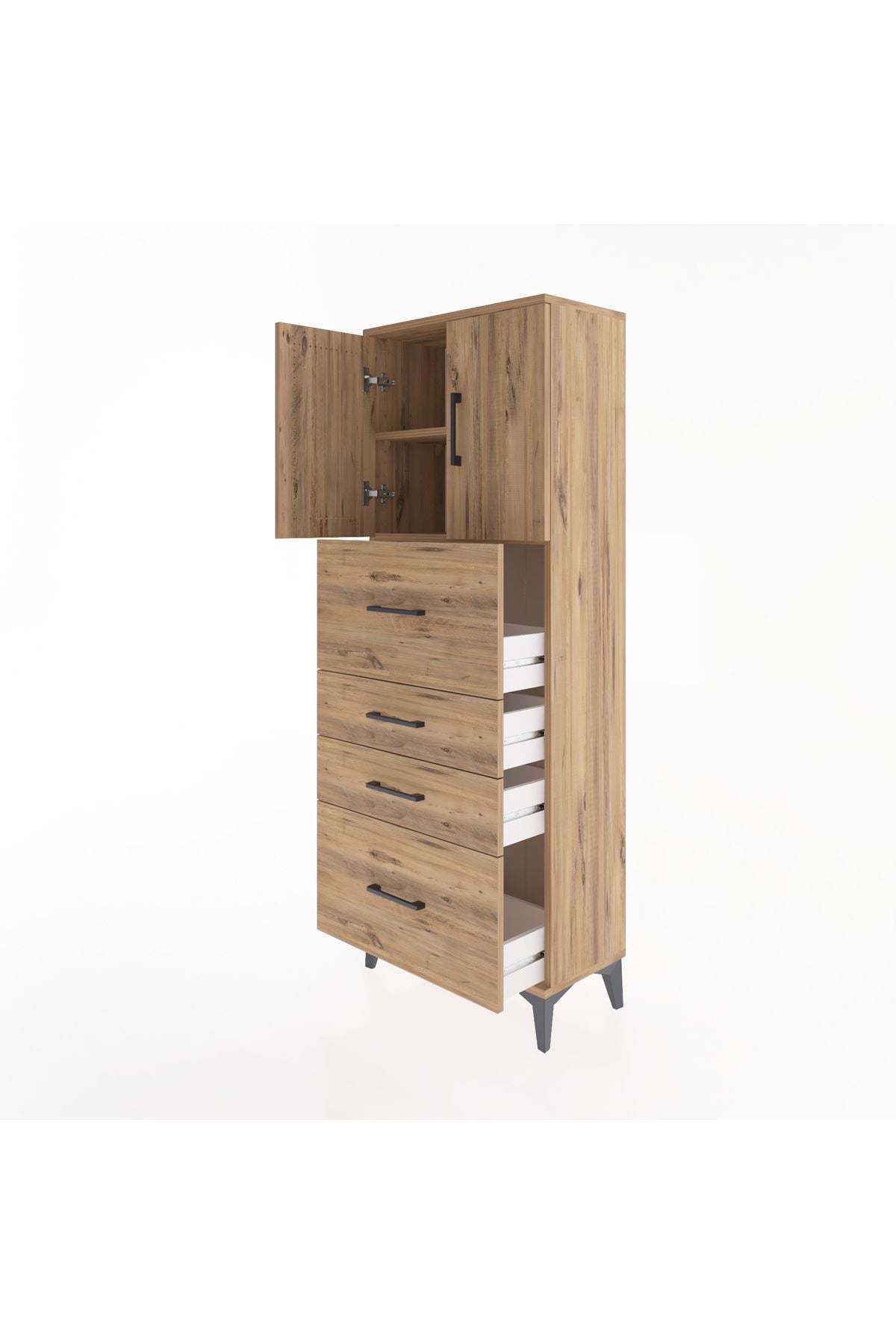 Arges Dolap 2 Raflı 4 Çekmeceli 2 Kapaklı 60x30x163 Çam-Çam