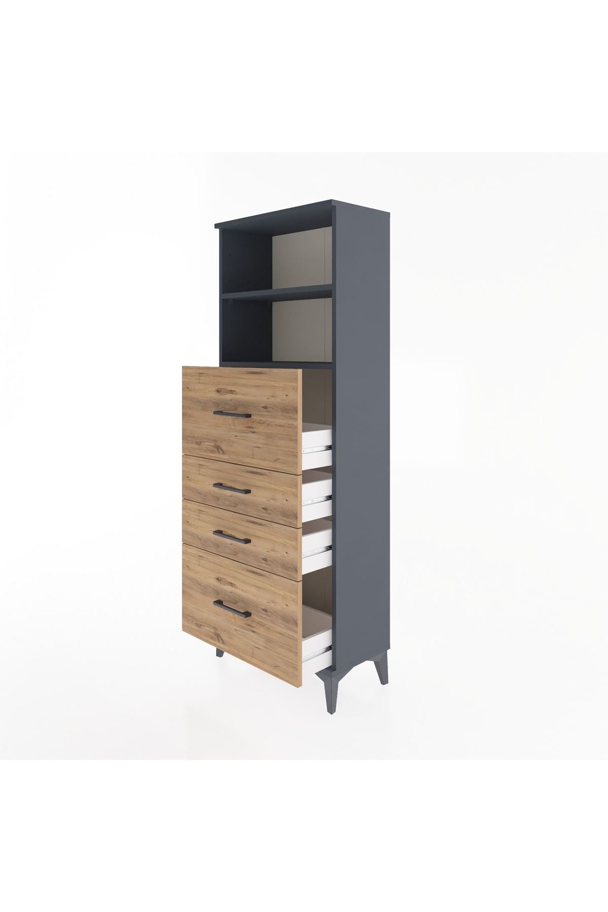 Arges Dolap 2 Raflı 4 Çekmeceli 60x30x163 Antrasit-Çam