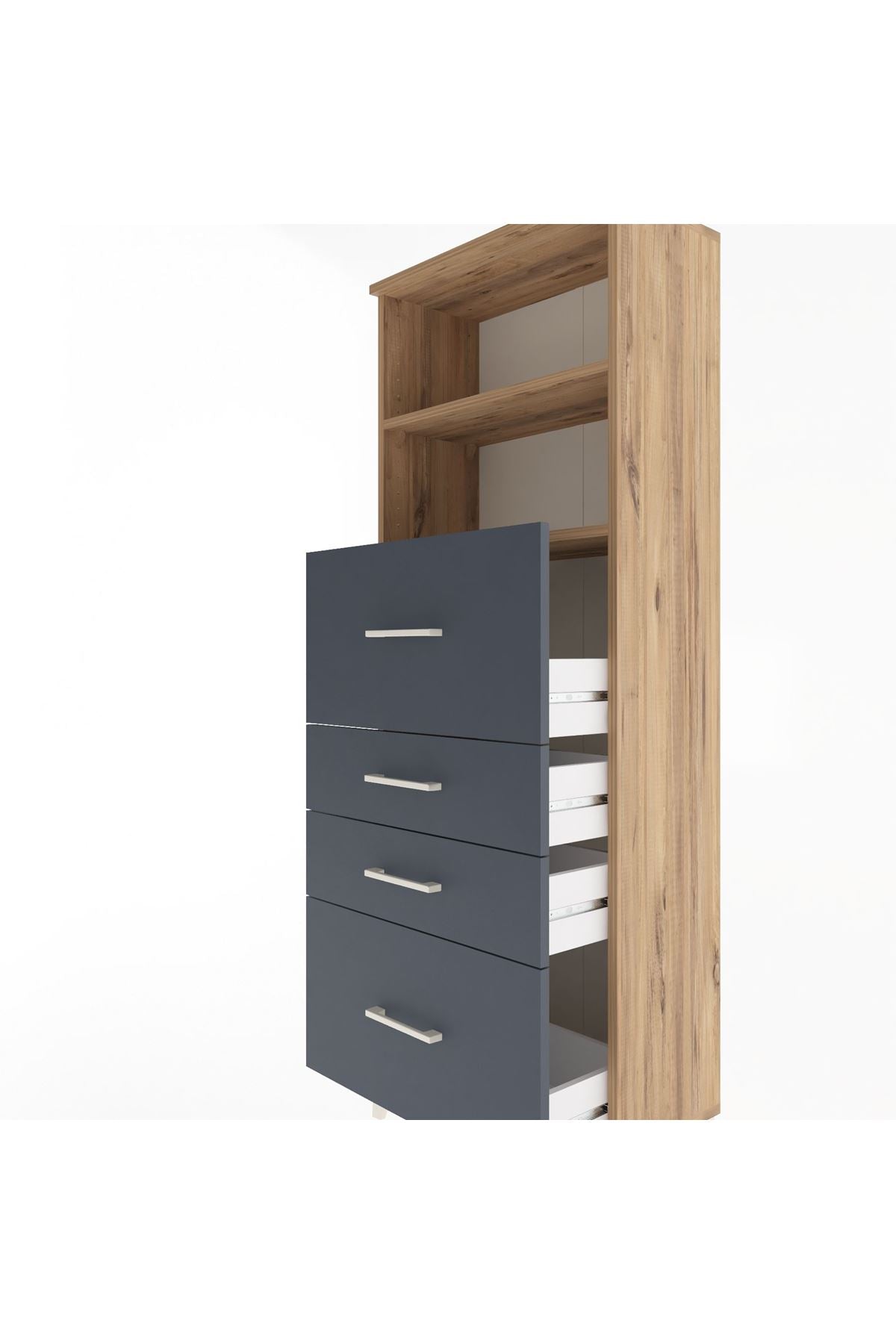 Arges Dolap 2 Raflı 4 Çekmeceli 60x30x163 Çam-Antrasit