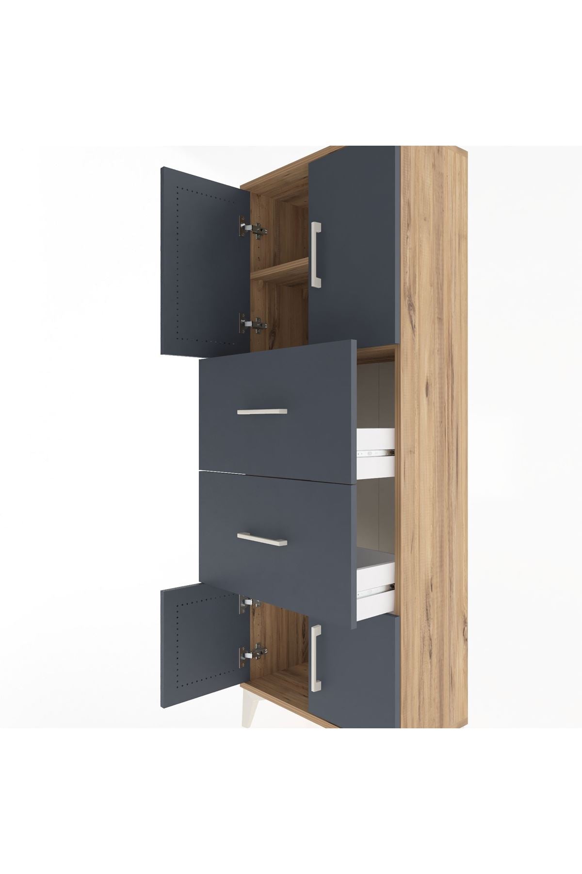 Arges Dolap 2 Raflı 2 Çekmeceli 4 Kapaklı 60x30x163 Çam-Antrasit