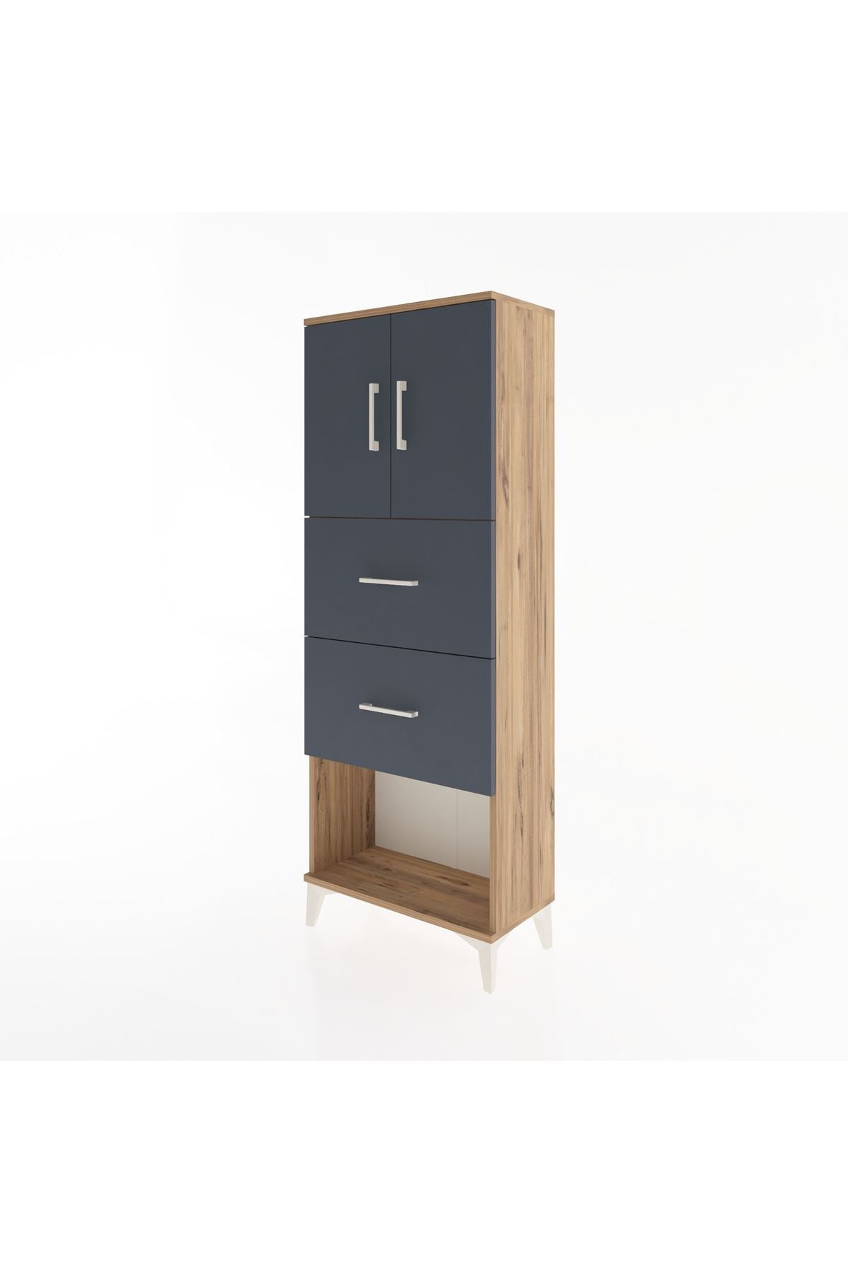 Arges Dolap 2 Raflı 2 Çekmeceli 2 Kapaklı 60x30x163 Çam-Antrasit