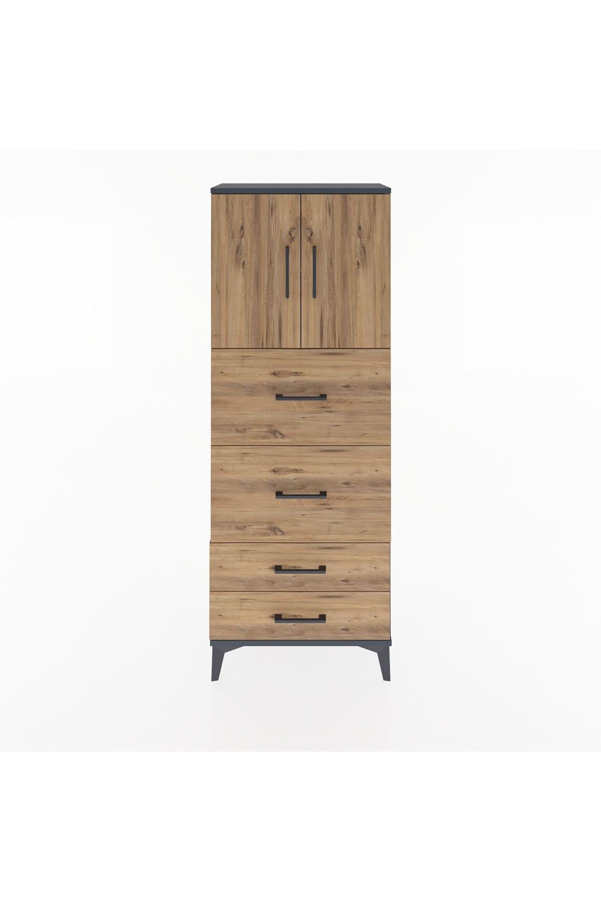 Arges Dolap 2 Raflı 4 Çekmeceli 2 Kapaklı 60x30x163 Antrasit-Çam