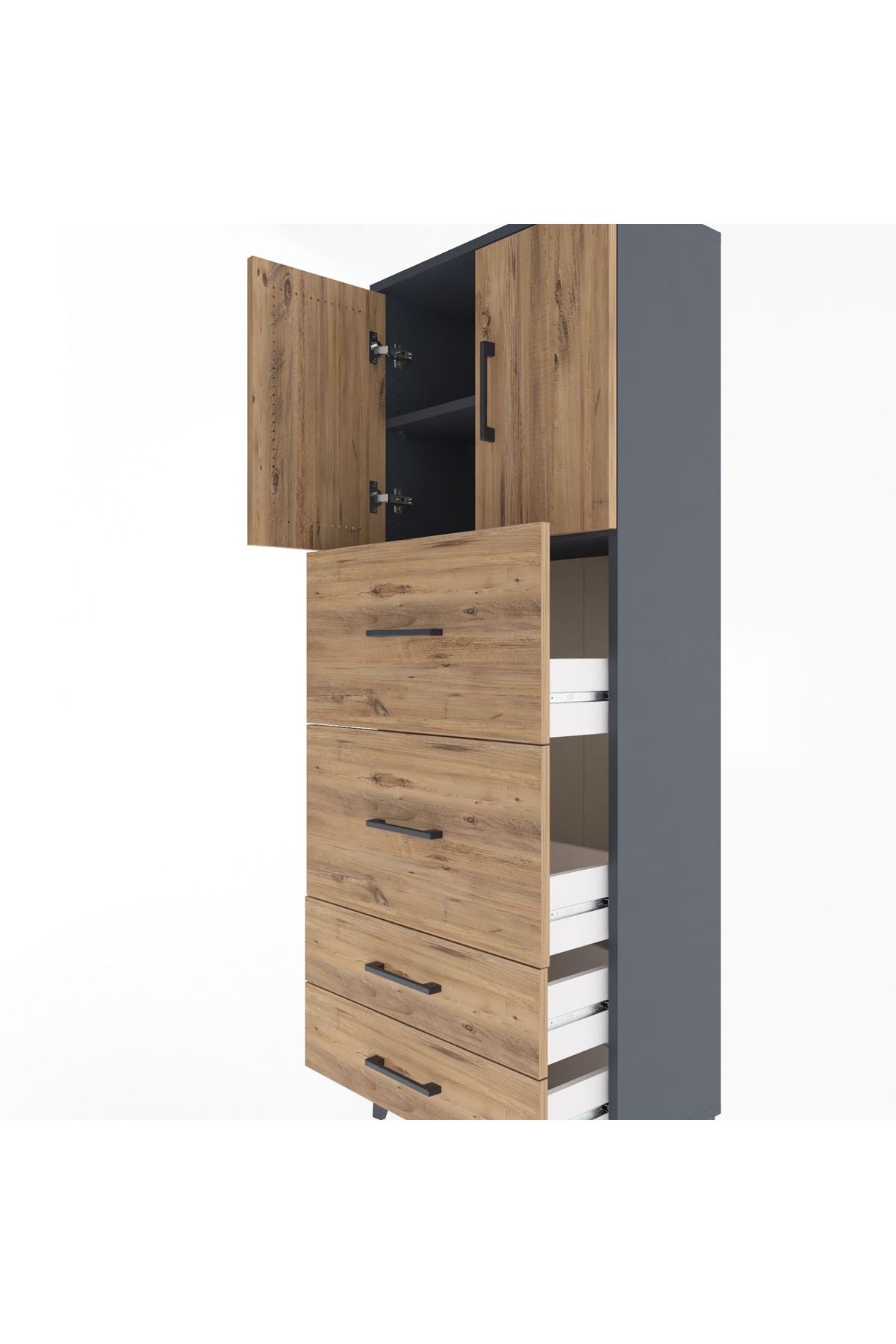 Arges Dolap 2 Raflı 4 Çekmeceli 2 Kapaklı 60x30x163 Antrasit-Çam